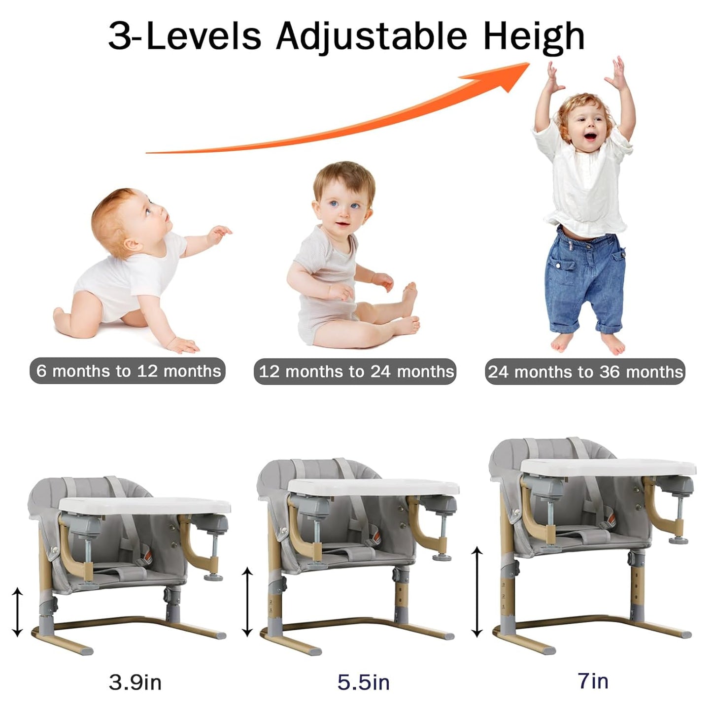 Baby Booster Seat for Table, Toddler Hook On High Chair with Tray, Adjustable Height Foldable Baby Feeding Chair with Carry Bag, for Kitchen Home Travel, Gray