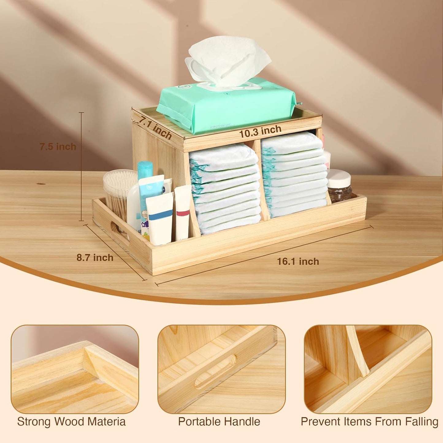 Three colors Diaper Organizer, Wooden Diaper Caddy Organizer, Changing Table Organizer, Diaper Storage Organizer, Nursery Baby Organization (Brown)