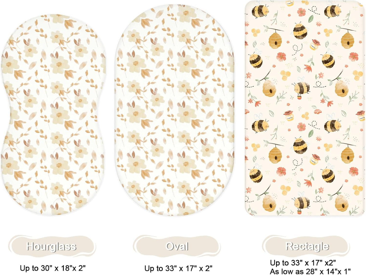 Bassinet Sheets for Baby Girls Boys 2 Pack, Fitted Baby Mattress Sheet for Rectangle, Oval, Hourglass Bassinet Mattress, Breathable Cozy & Universal Fit (Honeybee Dreams)
