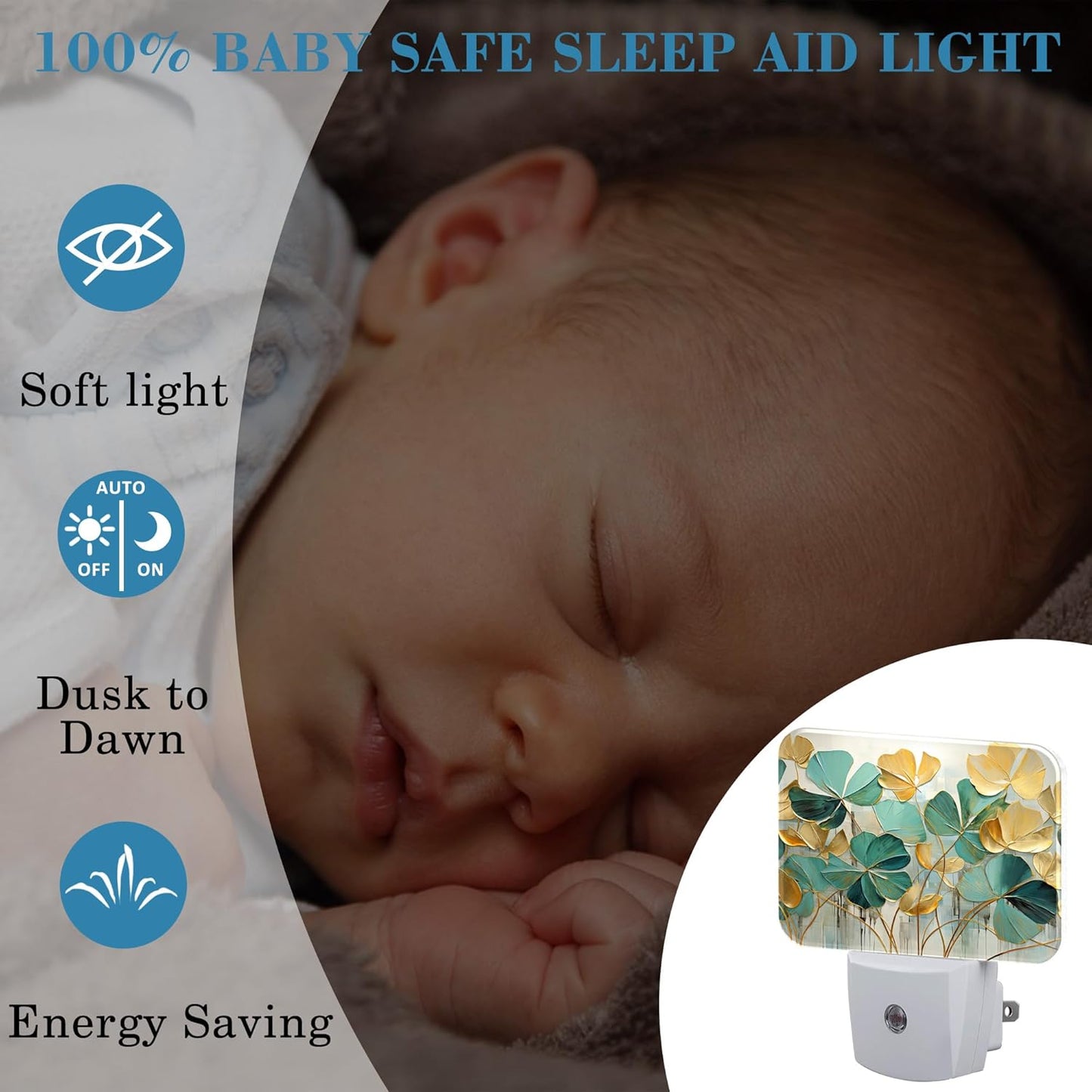 Luxurious Golden Green Foliage Night Light Golden Green Leaf Nightlight Plug into Wall with Dusk to Dawn Sensor for Kid Girls Boys Women Men Room, Hallway, Kitchen, Bathroom, Stairs Decor