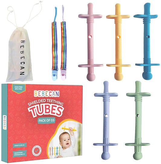 Shielded Teething Tubes – Baby Teething Relief 0-36 Months, Anti-Choking Design, Clip-Attachable, BPA-Free Silicone, 5 Soft Tubes + 2 Teether Clips + 2 Brushes + Storage Bag