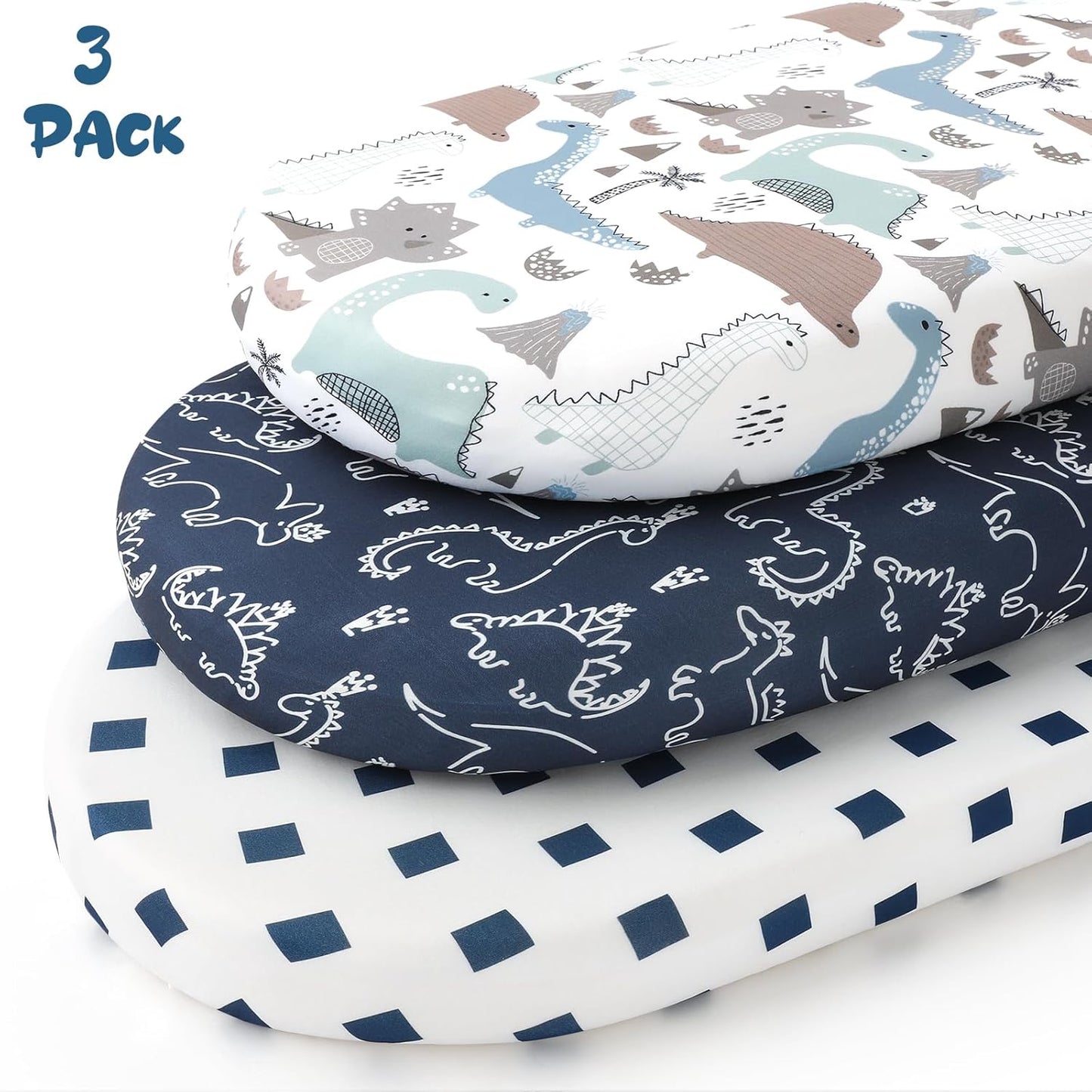 Yoofoss Bassinet Sheets for Baby,3-Pack Fitted Bassinet Sheets Set Compatible with Halo Bassinest Swivel Sleeper,Baby Delight,Angelbliss,Soft Breathable Bassinet Mattress Sheets (Dark Blue+Dinosaurs)