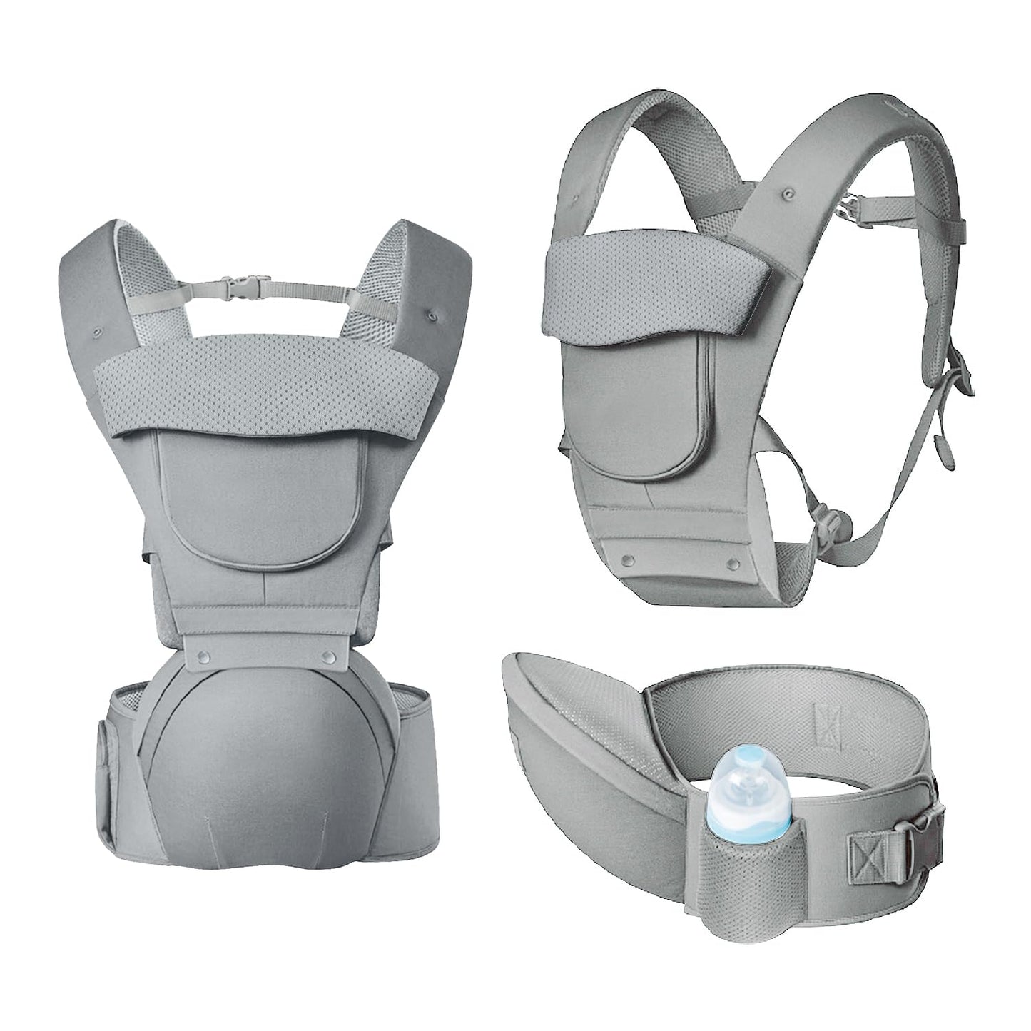 Baby Carrier Newborn to Toddler,12 in 1 Baby Holder Carrier with Adjustable Waist Belt,Baby Carrier with Hip Seat,Safety-Certified Baby Hip Carrier with Foldable Neck Support Pod,Ergonomic-Grey