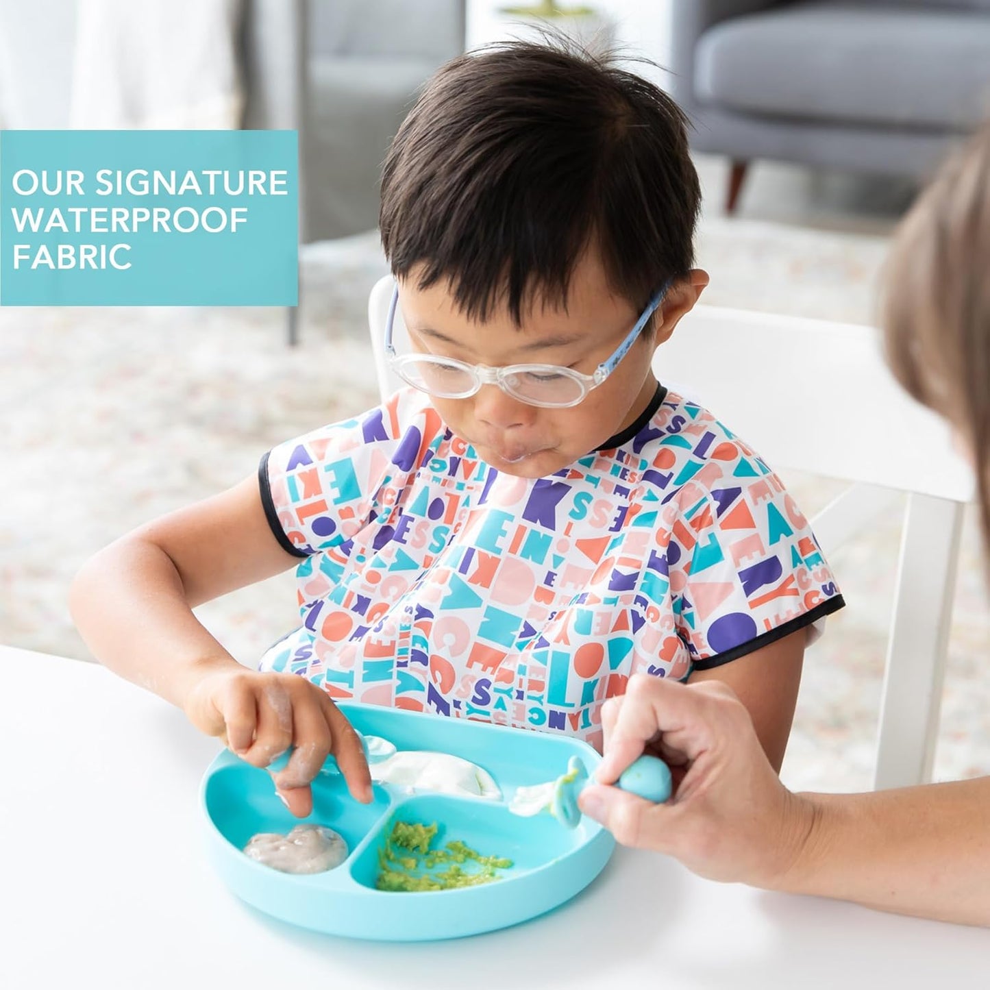 Bumkins - Junior Bib - For Boys & Girls, Toddlers & Kids 1-3 Years - Lightweight, Durable, Waterproof - Short Sleeve Bib - Catch-All Pocket - Wipeable & Machine Washable - Kindness - 2 Pack