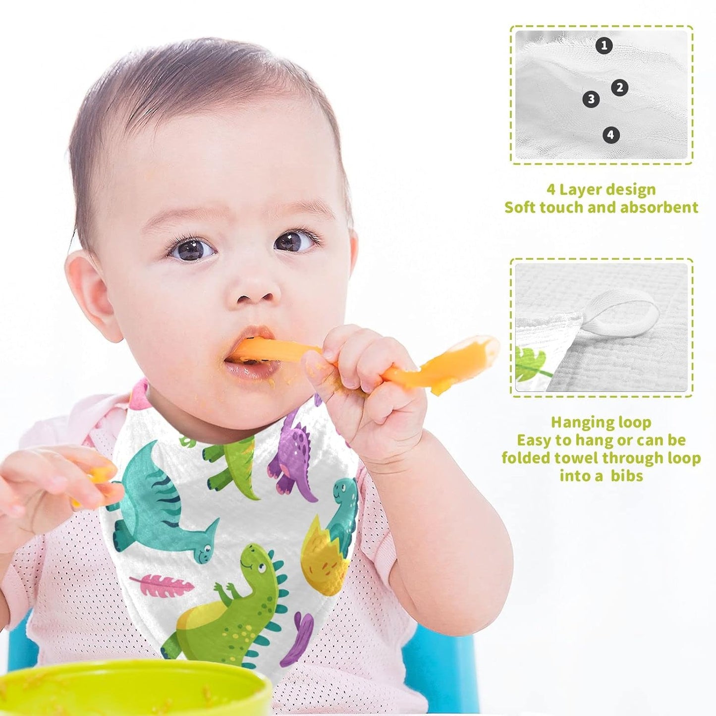 Cartoon Dinosaur Baby Muslin Washcloths Cute Burp Cloths Soft Absorbent Baby Wash Cloth Fingertip Face Towels for Newborn Boys Girls 12 x 12 in, 5 Pack