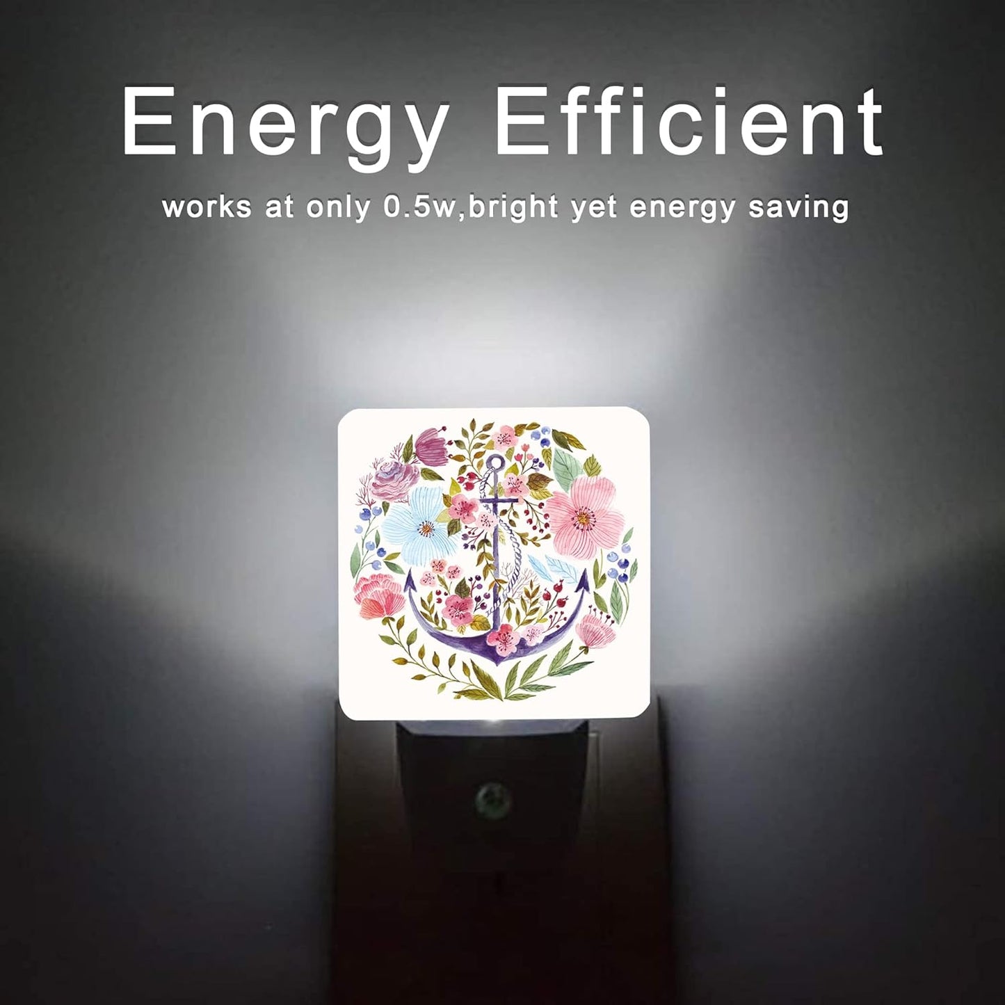 Anchor Night Light,Watercolor Floral Plug in Night Lights 0.5W Sleep Friendly for Boys Girls Led Night Light Dusk to Dawn Sensor Nightlight for Stairway/Hallway/Kitchen