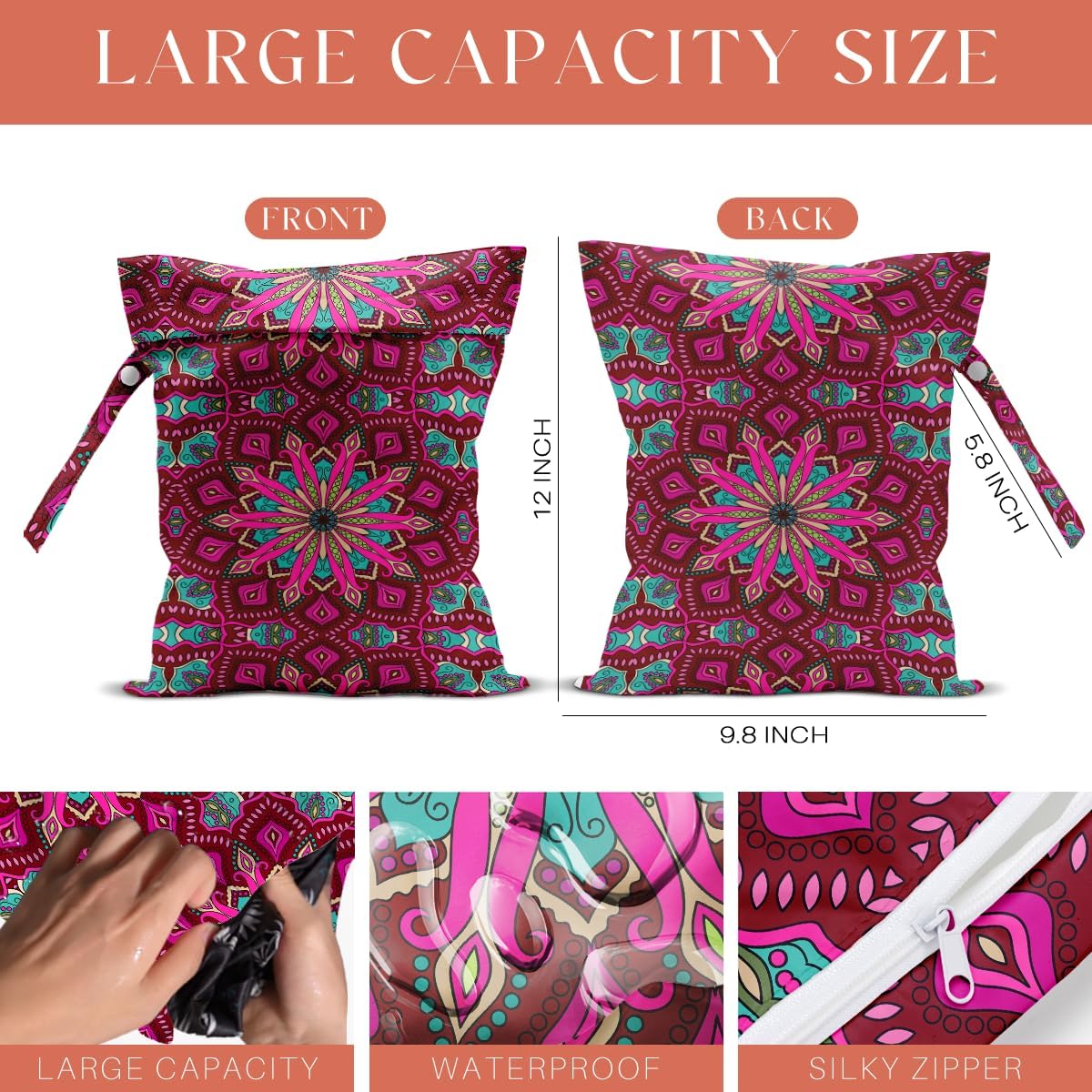 4 Pack Boho Mandala Floral Lover Gift Wet Bag Waterproof Washable Reusable Wet Dry Bag for Swimsuit Clothes Cloth Diaper Travel Pool Yoga Toiletries Gift for Women Sister Bestie Birthday Christmas