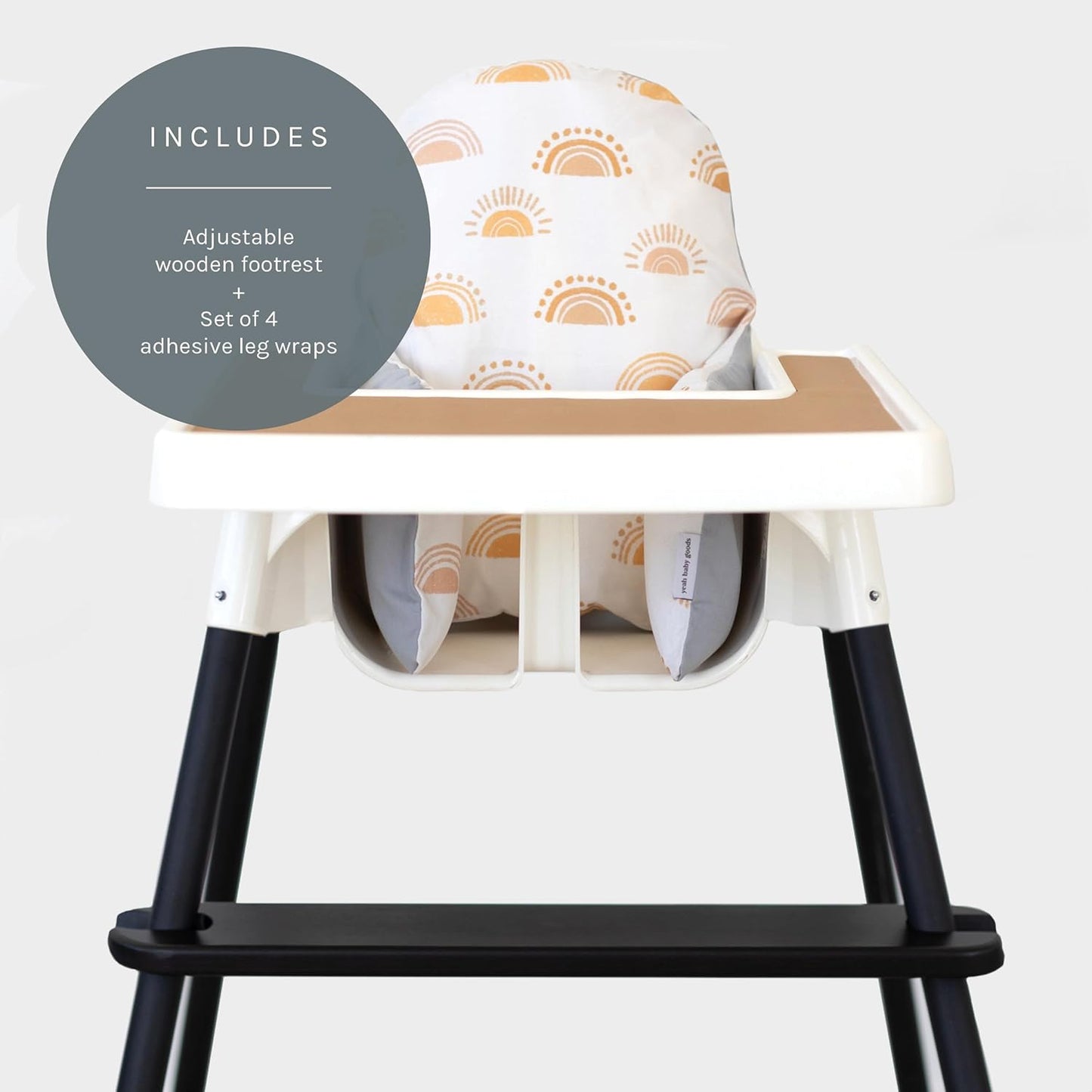 Yeah Baby Goods Adjustable Footrest & Leg Wrap Set Compatible with The Antilop Highchair (Black) - High Chair Accessories Bundle - Attachable Foot Rest w/Support Clamps & Matching Leg Stickers