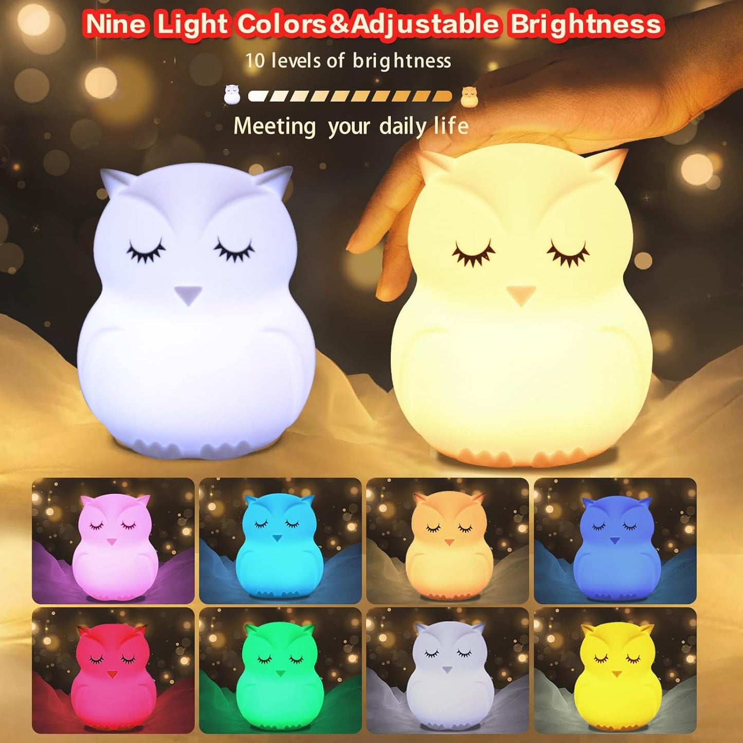 WHA&DARREN Large Owl Night Light for Kids,Cute Baby Night Light, Silicone Bedside Lamp, Sleep Lights, Eye Caring, Adjustable Brightness & Color, Time Setting, Touch+Remote Control