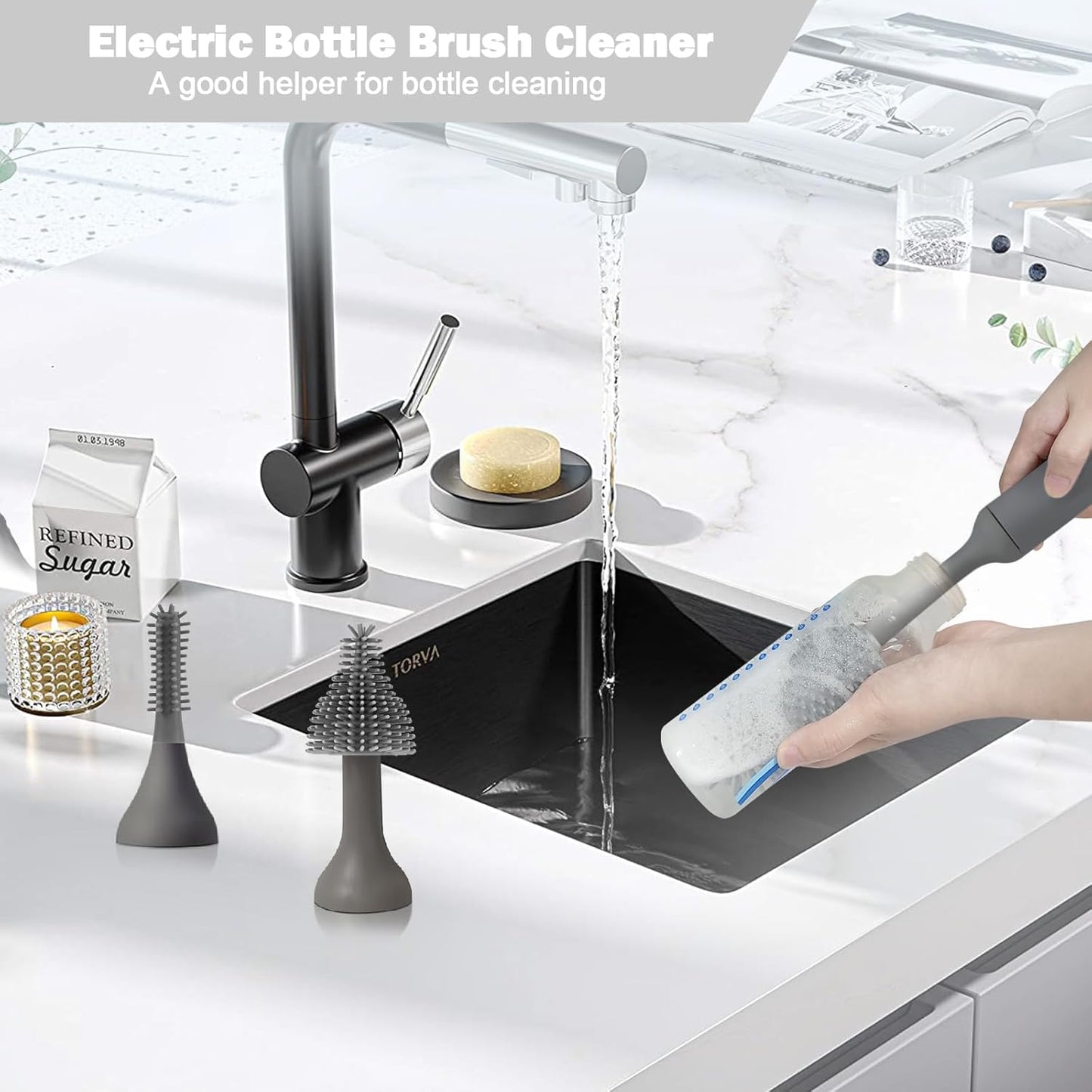 Electric Baby Bottle Brush Set with Rechargeable Electric Bottle Brush Cleaner and Replaceable Silicone Bottle Brushes and Straw Brush Cleaner, Waterproof Multi-Purpose Cleaning Brush（Grey）