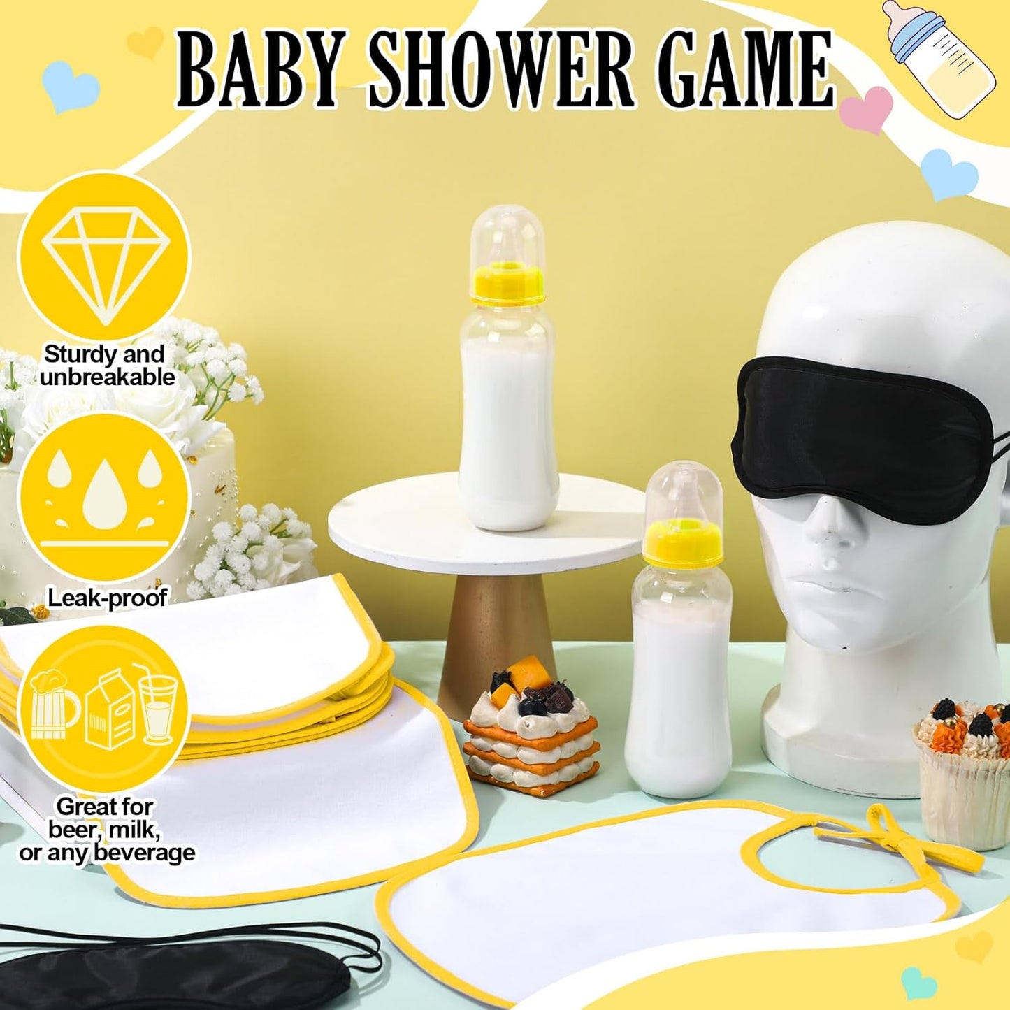 Leinuosen 24 Pcs Baby Shower Blindfold Feeding Game Set Include 6 Plastic Chug Bottles 6 Bib and 12 Eye Mask Blindfold Baby Feeding Bottle Chug Game for Adult Gender Reveal Party Supplies(Yellow)