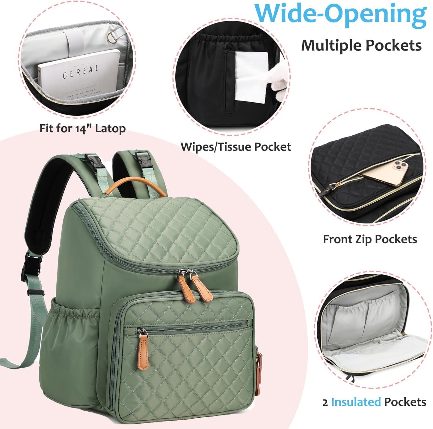Large Capacity Diaper Bag Backpack with Stroller Buckle, Water-Resistant Travel Baby Bag with Insulated Pockets (Classic, Green)
