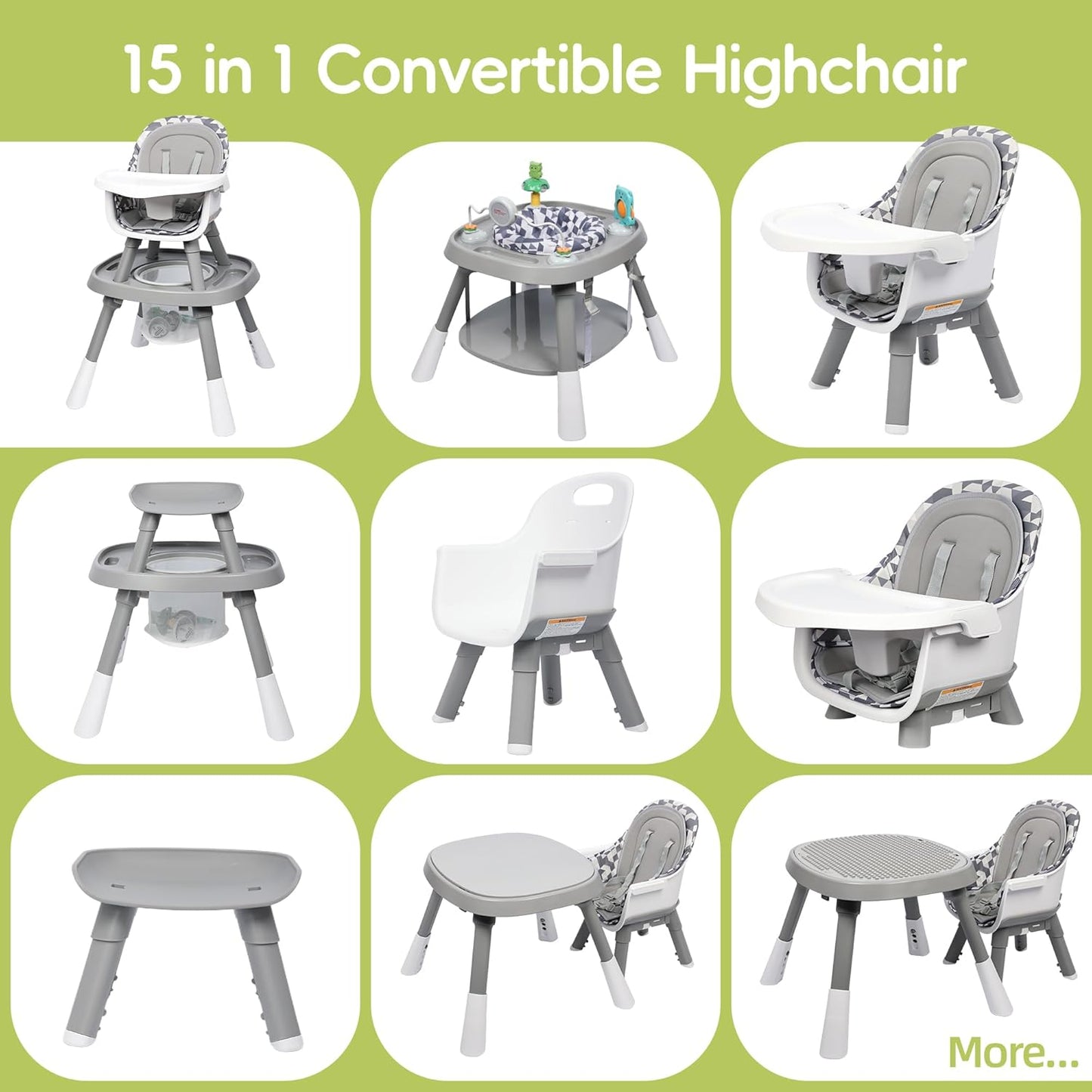 15 in 1 Convertiable High Chair for Babies and Toddlers, 2 in 1 Highchair & Activity Center w/Toys, Booster Seat, Toddler Chair w/5-Point Harness & Removable Tray & 2-Layer Cusion (Grey)