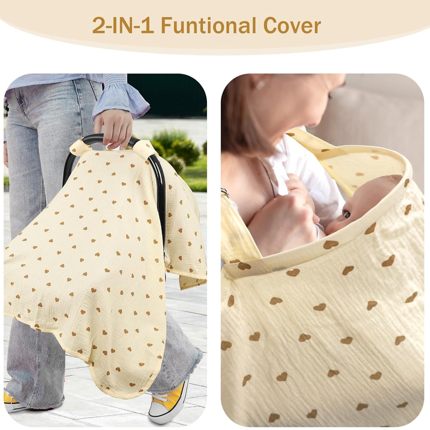 Hooyax 2-in-1 Baby Car Seat Cover & Nursing Cover, 100% Muslin Cotton, Breathable Car Seat Canopy and Privacy Breastfeeding Cover, Tiny Heart