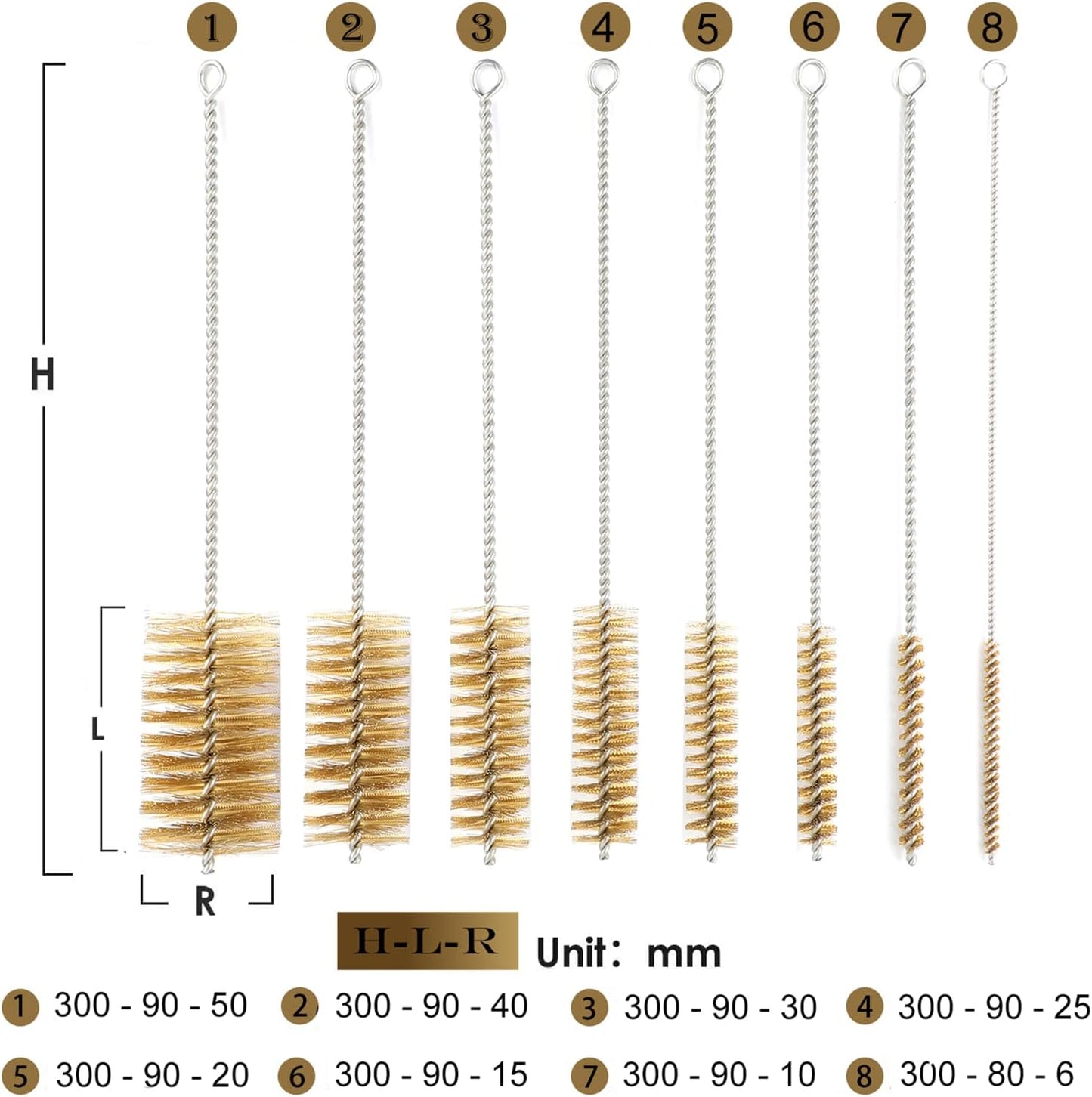 12 Inch Long Brass Tube Brushes for Pipe Cleaning Set with Brass Bristles, Tube Bottle Brush Kit, 8 Sizes for Auto Parts, Bottles, Guns, Tubes, Etc, Yellow, WMXX-BRASS-12