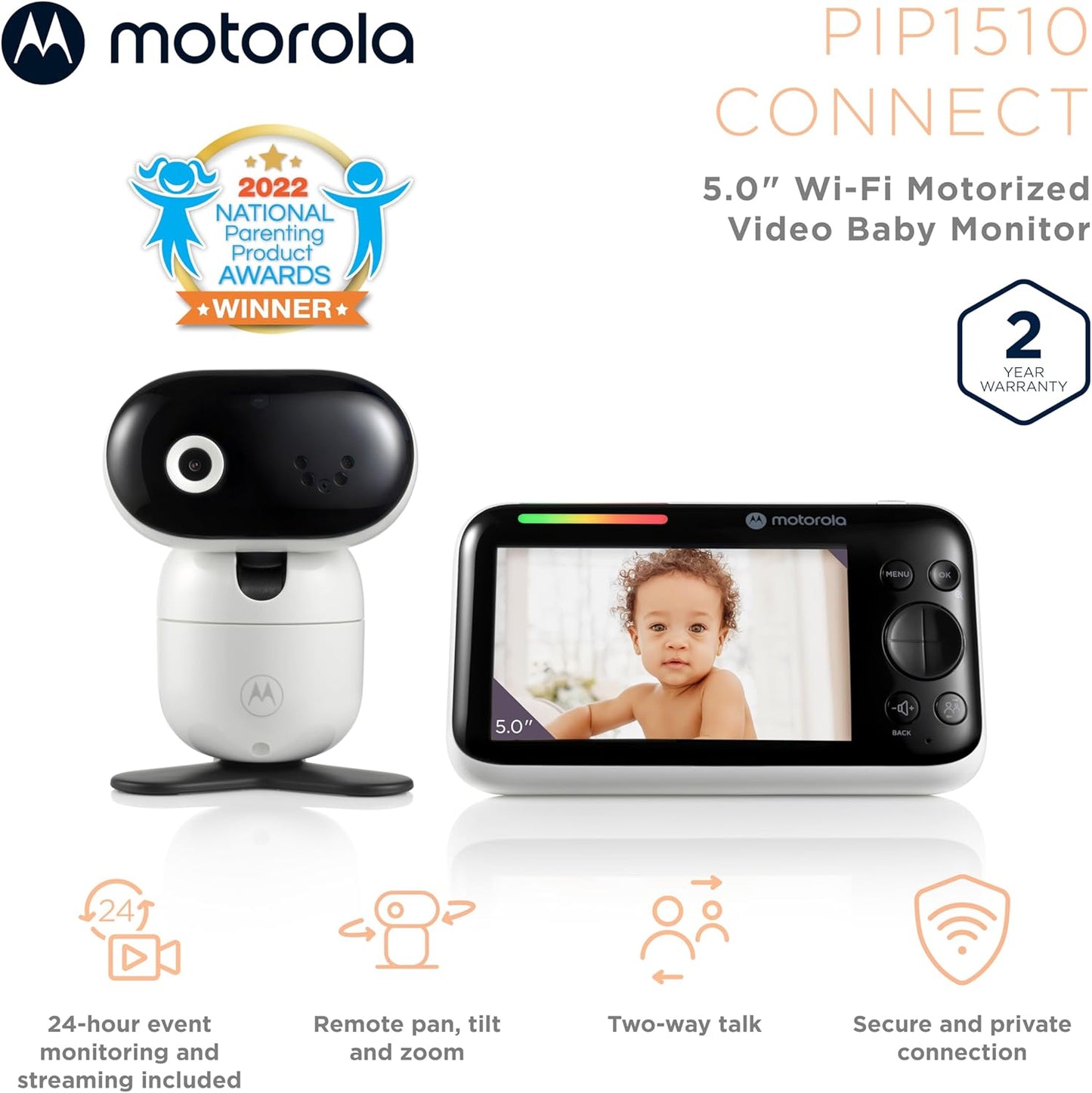 Motorola Nursery WiFi Video Baby Monitor with Camera and Audio, 5" Screen, HD PIP1510 Connect, 1000ft Range, Wall Mount, 2-Way Audio, Lullabies, Temperature Sensor, Zoom, Tilt
