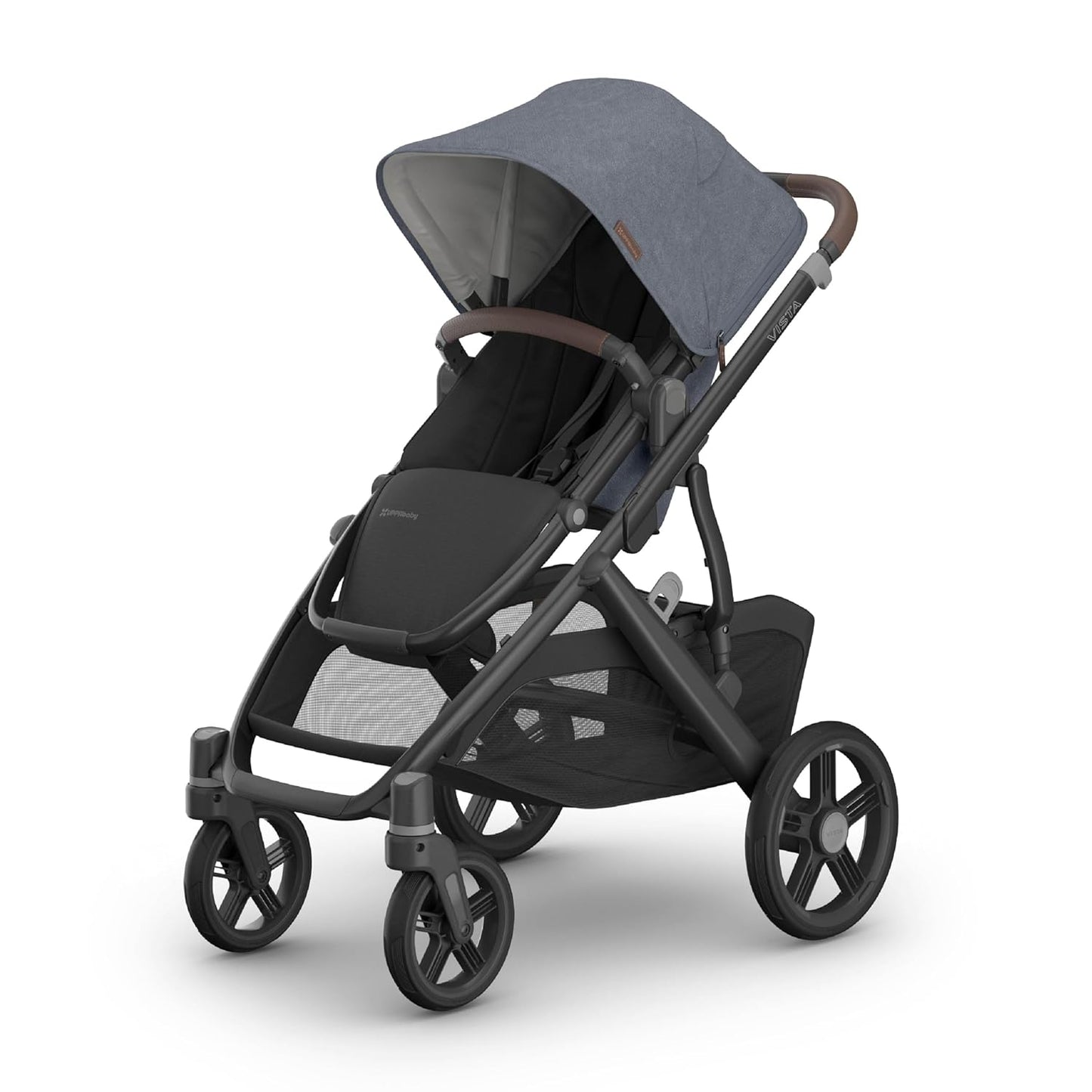 UPPAbaby Vista V3 Stroller - Full-Size Single-to-Double Stroller System - Toddler Seat, Bug Shield, Rain Shield, and Storage Bag Included - Julian (Dusty Blue Mélange/Carbon Frame/Chestnut Leather)