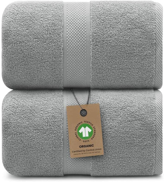 100% Organic Luxury Bath Sheets - GOTS Certified - Extra Large 35x70 Inches (Pack of 2) Zero-Twist, Long-Staple Cotton Bath Sheet Set (Pewter Grey)