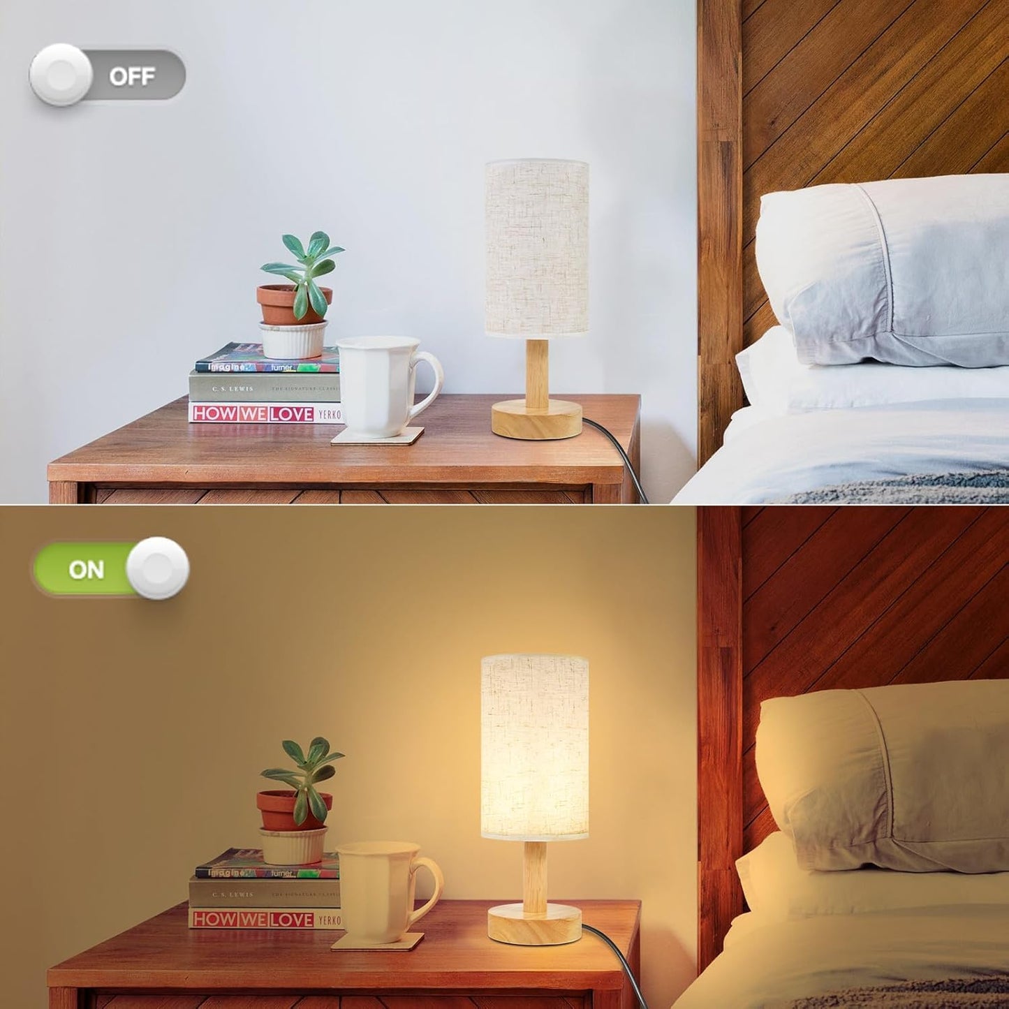 Small Bedside Table Lamps for Bedroom Set of 2,Natural Round Wood Base&Fabric Linen Shade,Cozy Night Light for Study Reading,Minimalist Boho Desk Lamp for Nightstand,Living Room,Nursery,Kitchen,Dorm