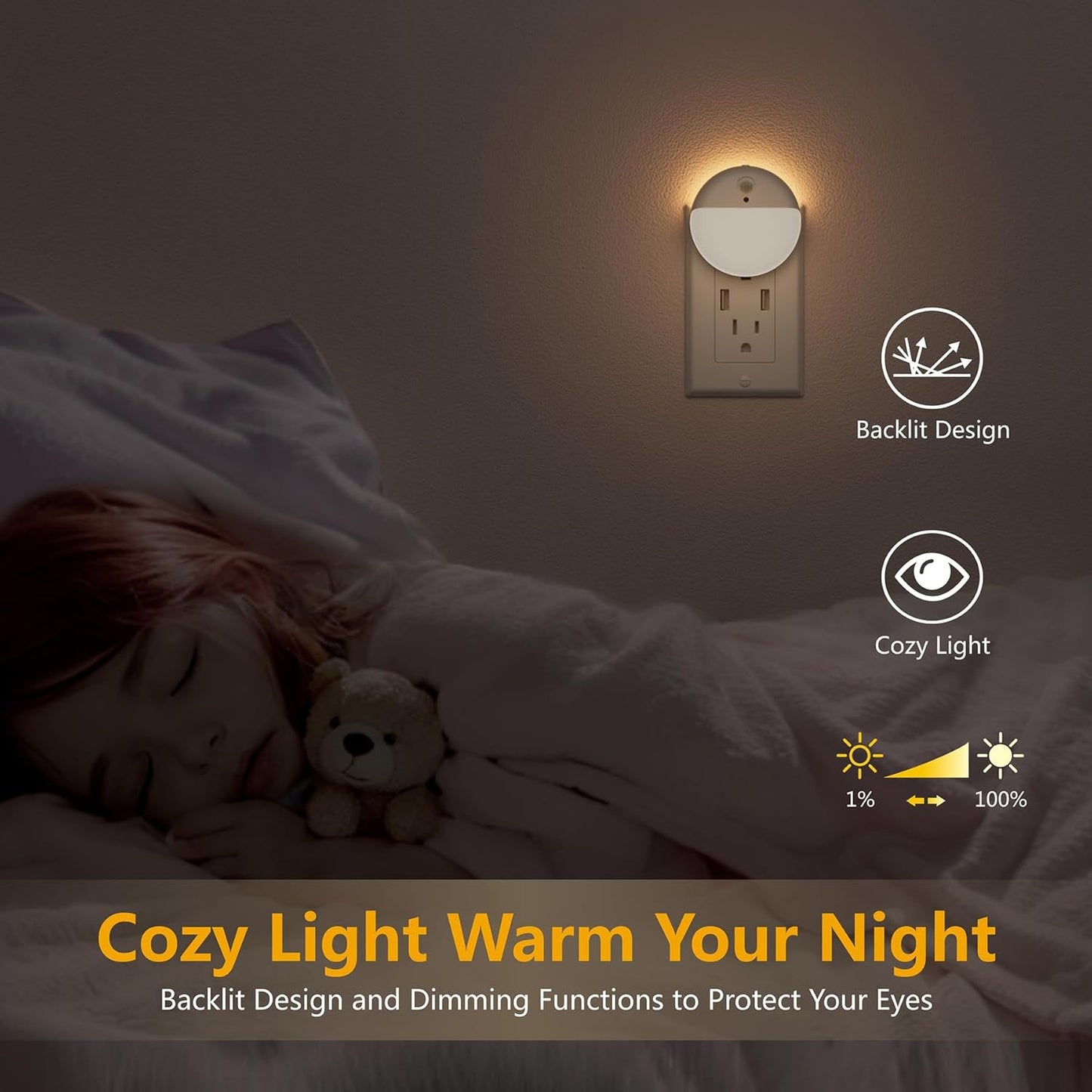 2 Pack Plug in Night Light with Motion Sensor and Dusk to Dawn Sensor, Stepless Dimming, Warm White LED Nightlight with 3 Lighting Ways for Bathroom, Bedroom, Kitchen, for Kids, Adults