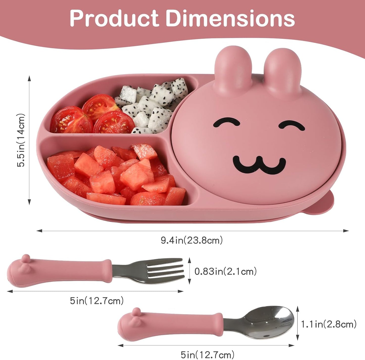Silicone Baby Plate,Toddler plates,Self-feeding of infants after weaning, 100% Food Grade Silicone, BPA Free, Including Fork and Spoon, Baby Plates With Suction, Divided Plate for Babies (pink)