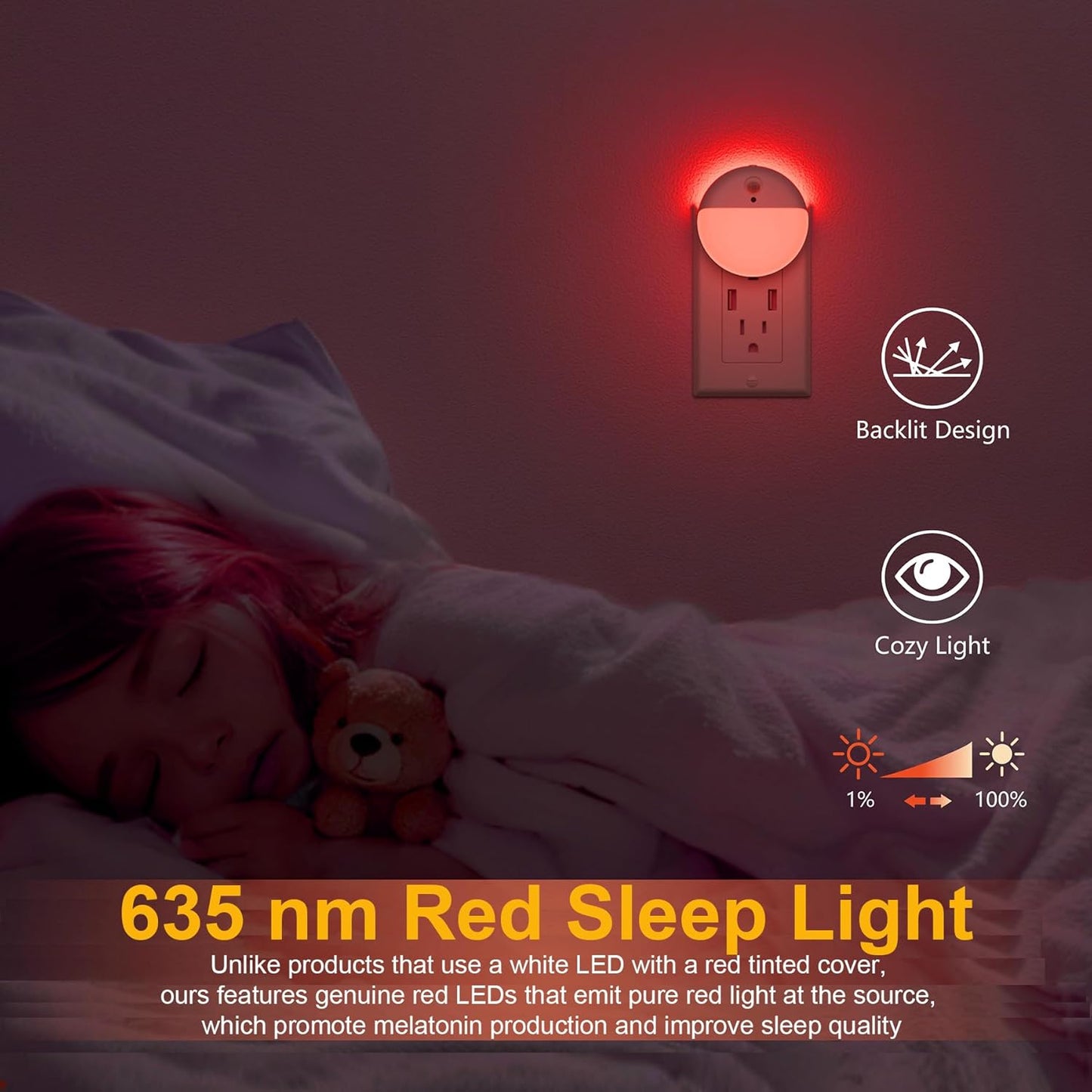 2 Pack Plug in Red Sleep Night Light with Motion Sensor and Dusk to Dawn Sensor, 3 Modes, Soft Glow, Stepless Dimming, LED Lights for Bedroom, Sleep, Baby Nursery, Kids, Toddler, Home Decor