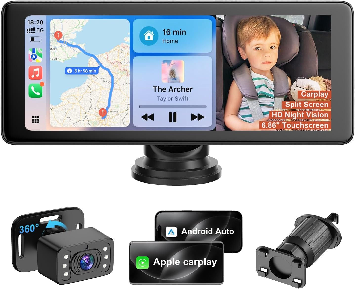 25HOURS YJ1 Baby Car Camera - 6.86" HD Car Baby Monitor Touchscreen with Apple CarPlay, 1080p Ultra IR Night Vision, 150° Wide Angle, Split Screen, 3X Zoom, GPS Navigation,FM,Siri, Plug-and-Play
