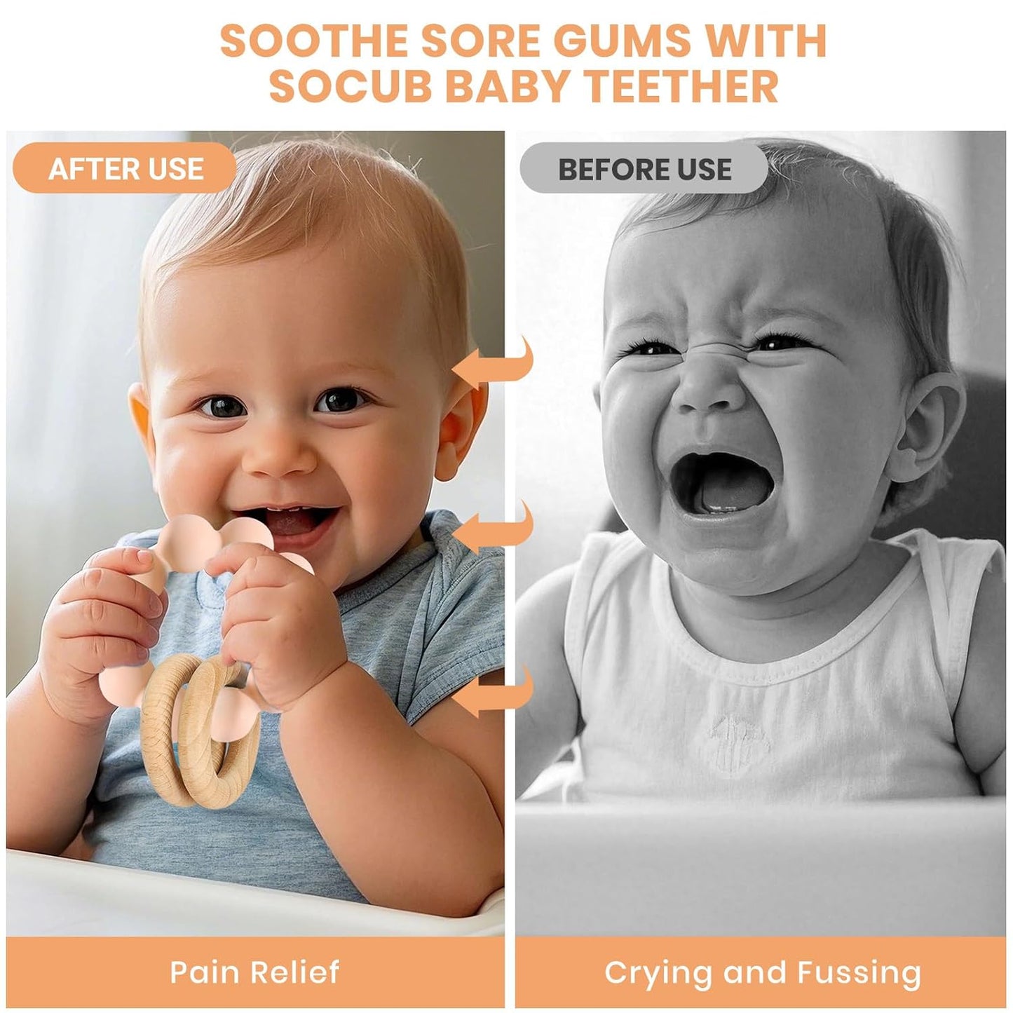 Socub Baby Teething Toys for 0-6 6-12 Months- BPA-Free Food-Grade Silicone & Natural Beech Wood Teether Ring for Newborn Infants Teething Relief- Easy-Grip Sensory Rattle Toys(Blush)