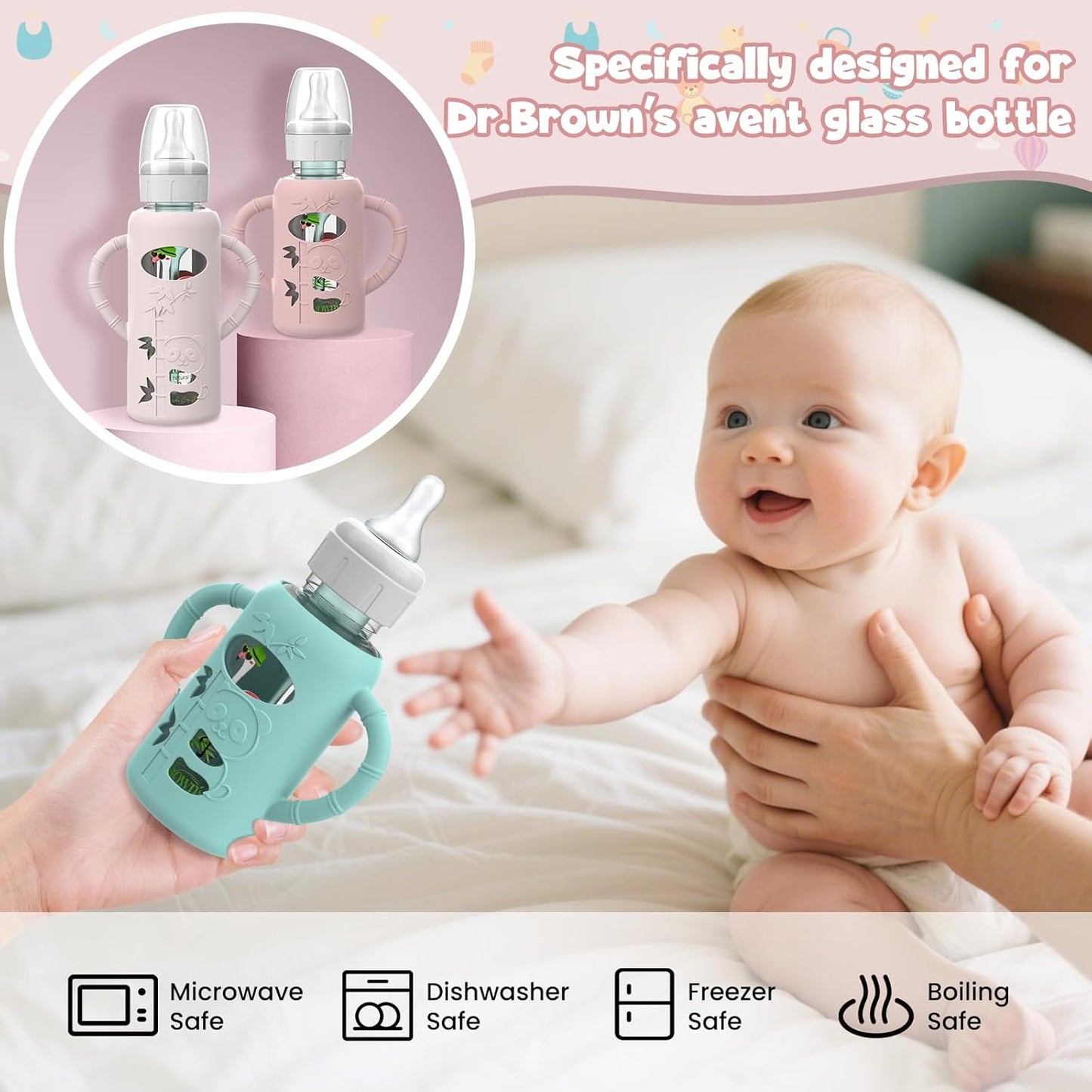 3 PCS Dr Brown Glass Bottles Silicone Sleeves, Compatible with Dr Browns Glass Bottles 8 oz, Anti-Drop Dr Brown Baby Bottles Sleeves with Handles, Heat-Insulating and Easy to Clean