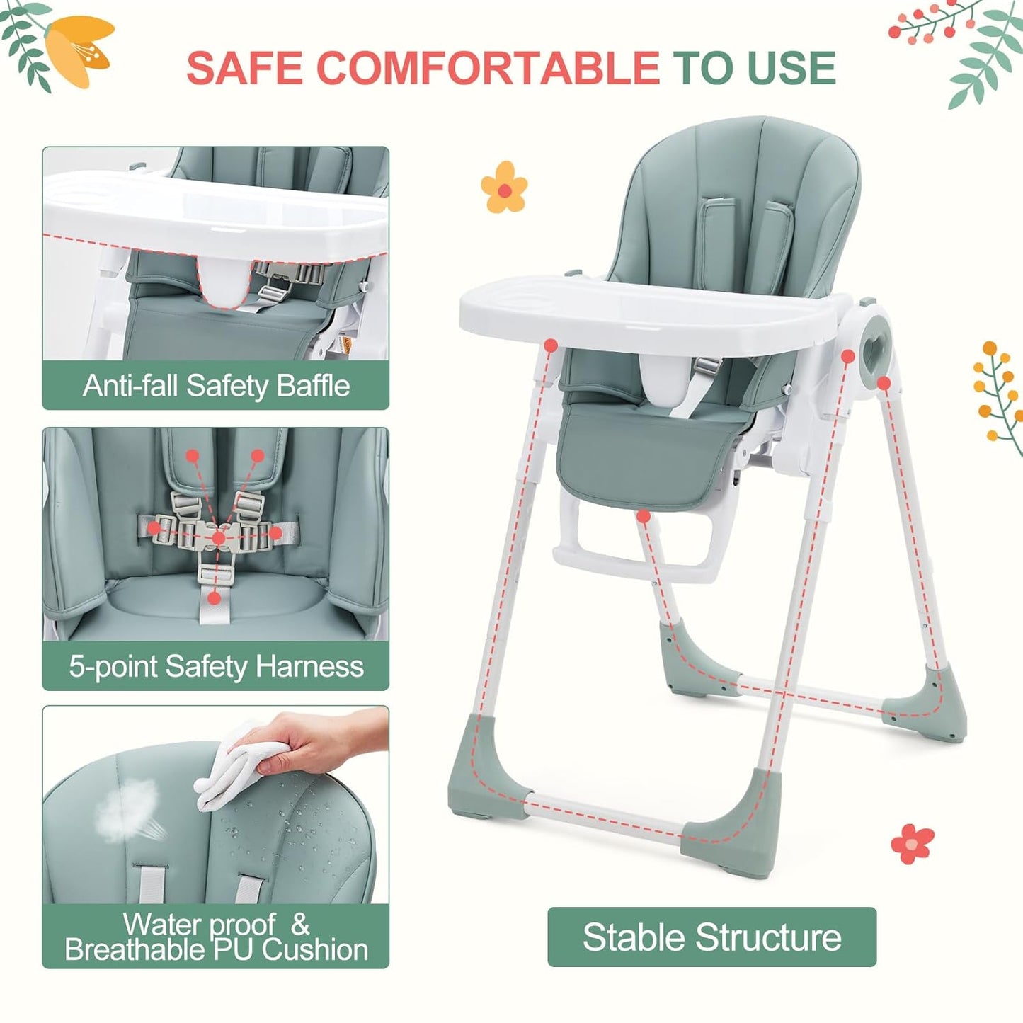 Foldable High Chairs for Babies and Toddlers, Adjustable Infant Baby Chair with Removable Tray and Non-Slip Foot Pads, Highchair for Children Aged 6 to 36 Months, Green