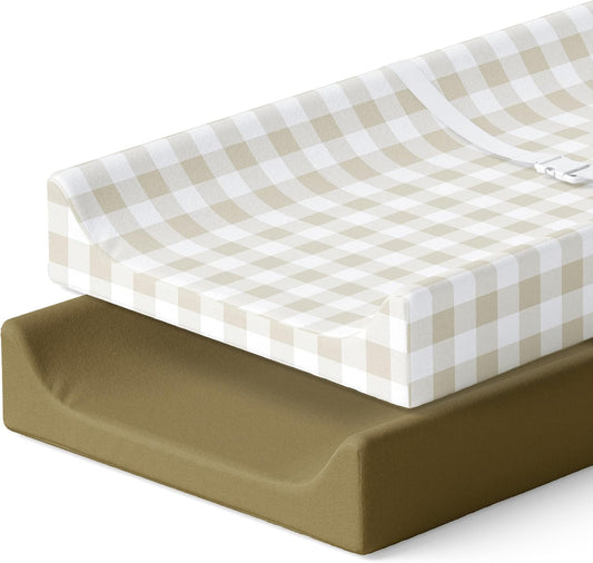 Pobibaby – 2 Pack Premium Changing Pad Covers for Boys, Ultra-Soft Breathable Cotton Diaper Changing Table Covers – Neutral Nursery Changing Pad Sheets for Baby (Gingham Khaki)