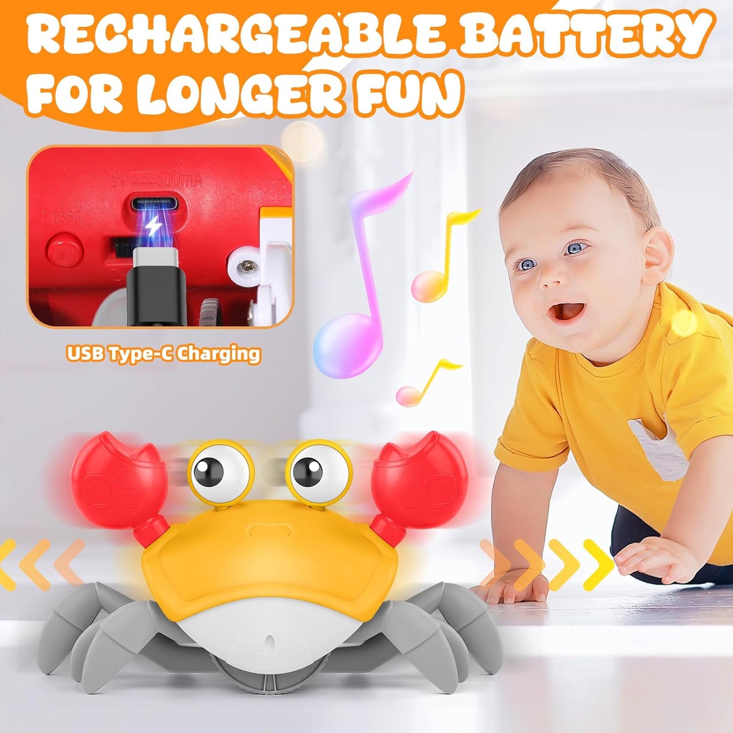 Crawling Crab Baby Toy, Upgraded Tummy Time Gifts for Newborn Babies 3-6 6-12 Month, Light-Up Walking Dancing Moving Crab with Music & Obstacle Avoidance, Rechargeable Sensory Development Toy (Orange)