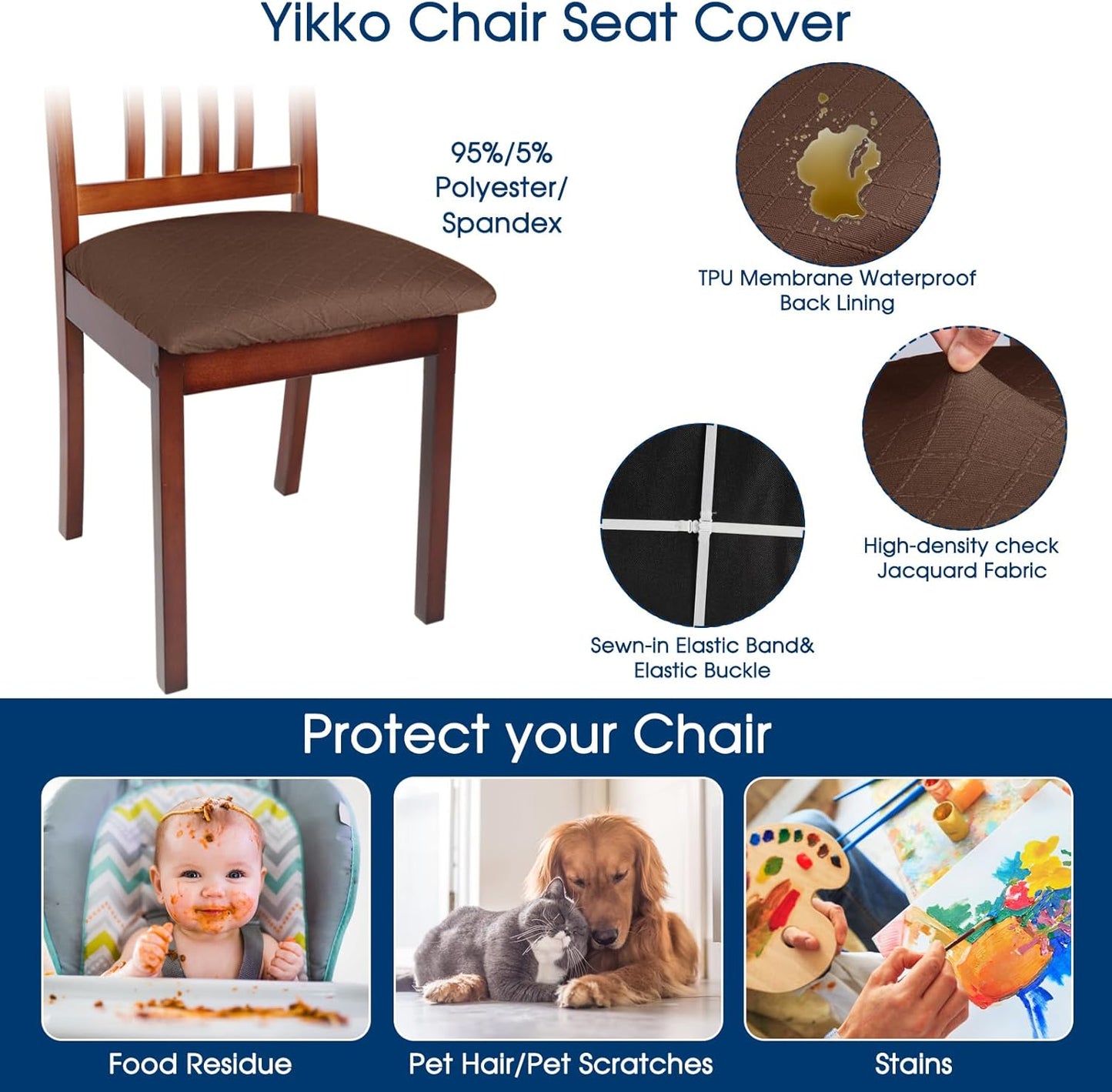 Yikko Chair Seat Covers, High-Density Check Jacquard Ekedalen Seat Covers for Dining Kitchen Restaurant Banquet, Stretch Removable Washable Chair Seat Cushion Protector (6, Brown)