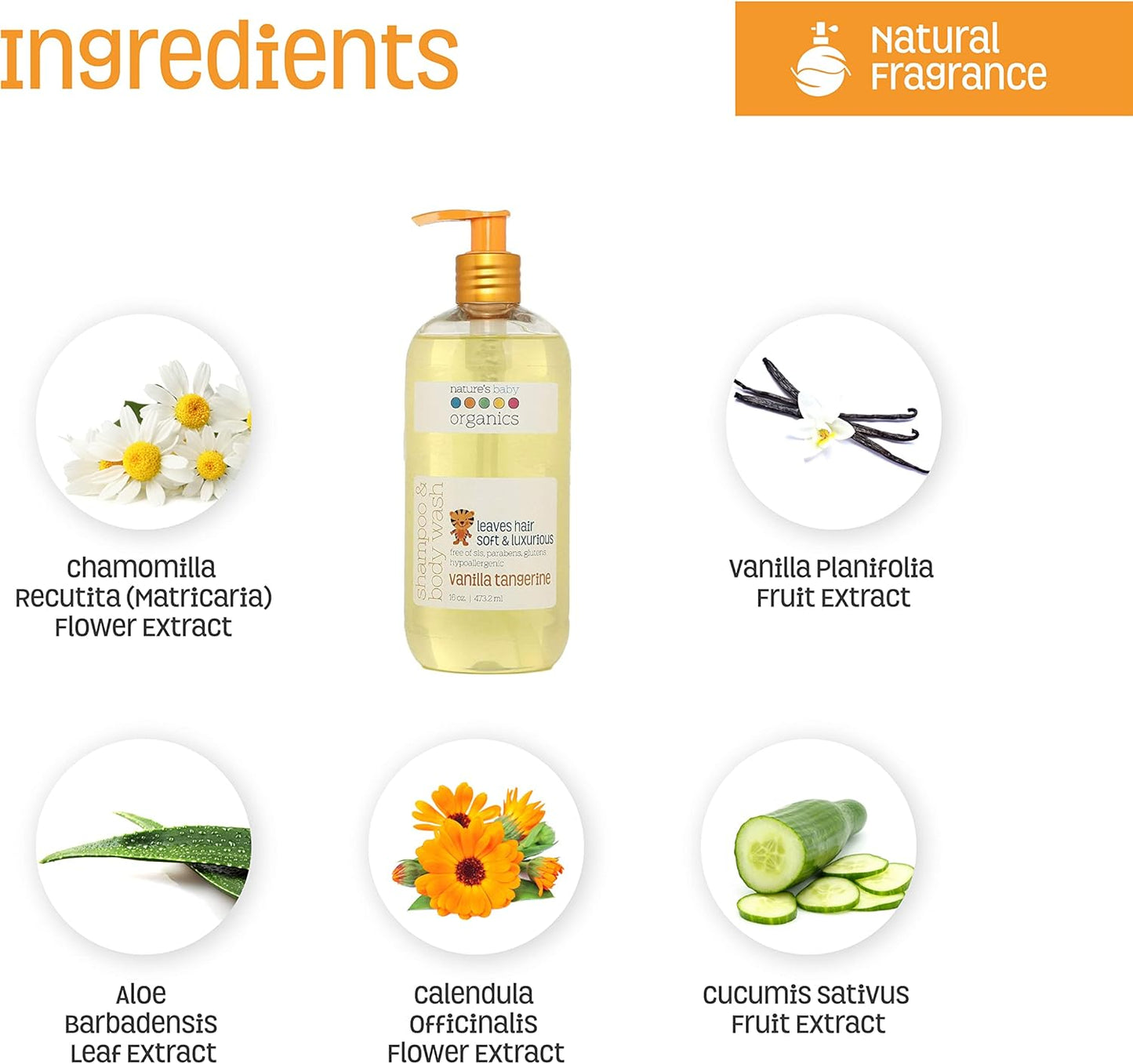 Nature's Baby 3 in 1 Baby Shampoo, Body Wash and Face Wash, Formulated for Problem and Sensitive Skin, No Sulfate or Artificial Fragrances, Vanilla Tangerine, 16 oz