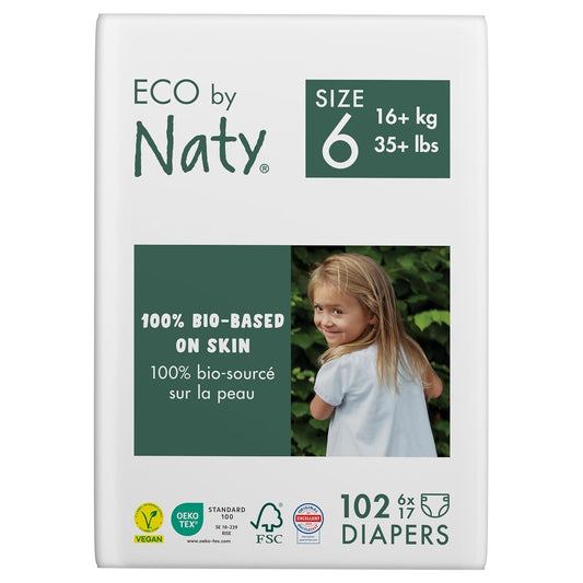 Eco by Naty Eco-Friendly Baby Diapers - 100% Plant-Based Materials on Skin, Soft, for Sensitive Skin & Super Absorbent (Size 6, 102 Count)