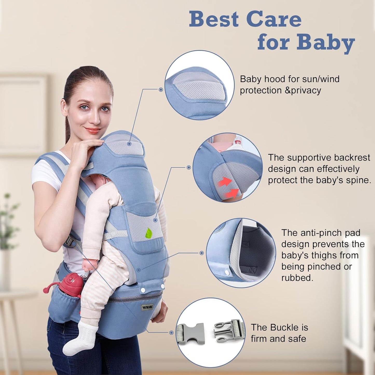 Baby Carrier with Hip Seat, for 0-48 Month Baby, Soft Baby Carrier Newborn to Toddler, 15-in-1 Ways to Carry, Adjustable Size with Sunshade, Windproof & Storage Functions (Blue)