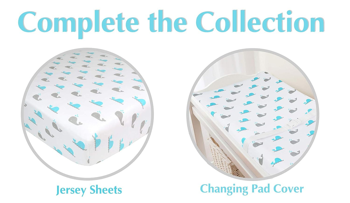 American Baby Company Printed 100% Cotton Knit Fitted Contoured Changing Table Pad Cover - Compatible with Mika Micky Bassinet, Aqua Whale, for Boys and Girls