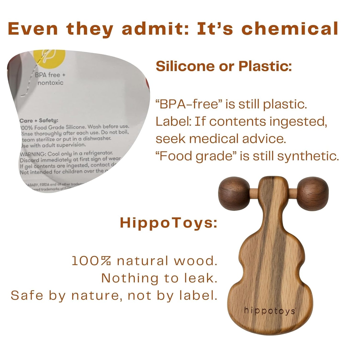 HippoToys Baby Teether – USA’s First Real Natural Wooden Teething Toys for Babies 0–18 Months – Calm Wooden Rattle – No Paint No Plastic No Toxins - Safe Baby Gift
