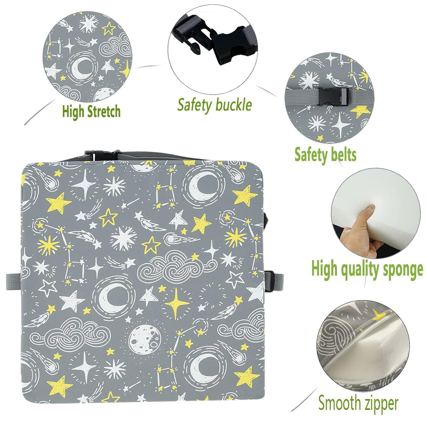 Taeku Booster Seat for Dining Table, Portable Kids Toddler Booster Chair Increasing Cushion Cartoon Seat Pad with 2 Safety Buckles for Kitchen Restaurant (Planet Grey)
