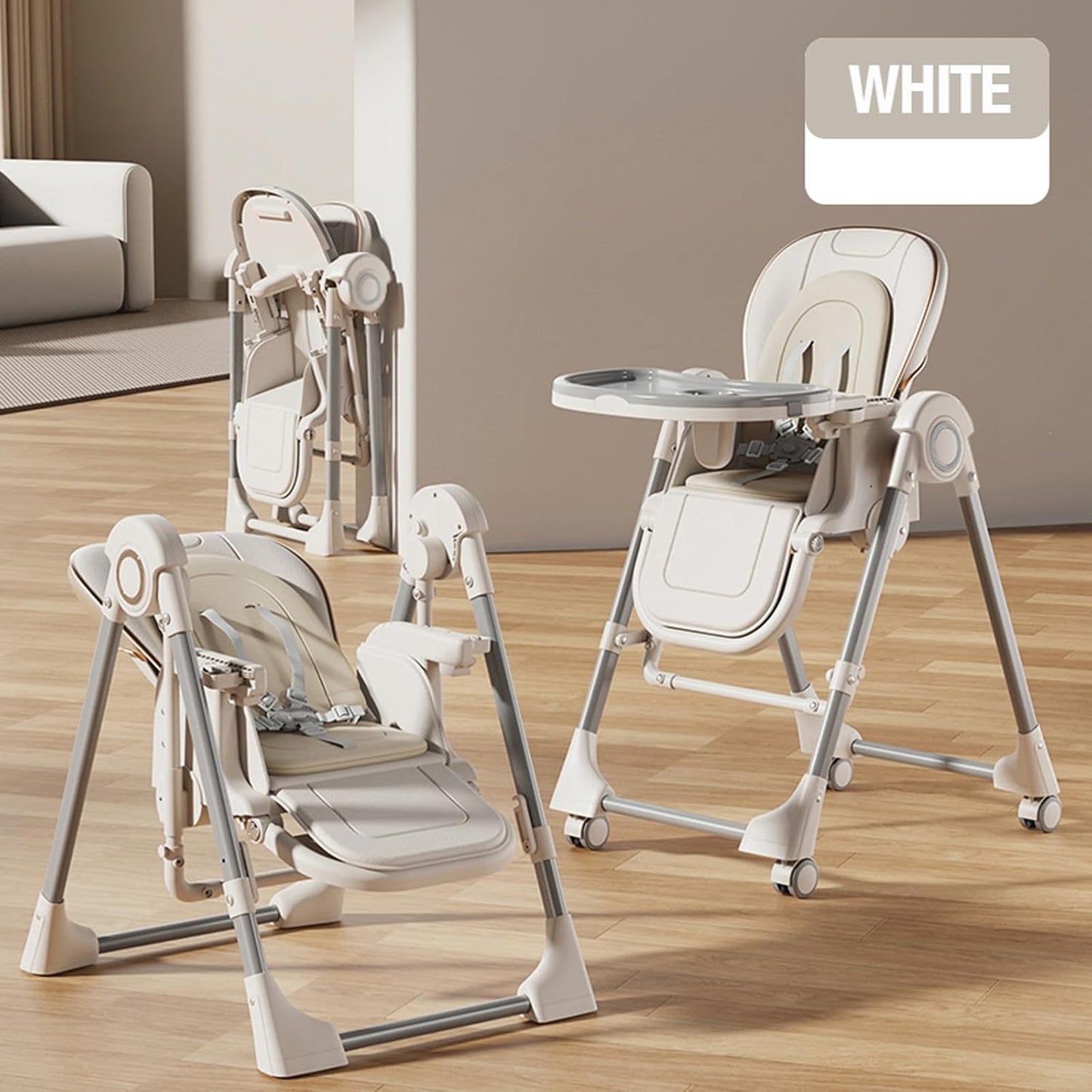 Nine point nine PU Leather Baby High Chair with Swinging Function, High Chairs for Babies and Toddlers, Removable Double Tray Baby Seat Feeding Chairs (8121 White)