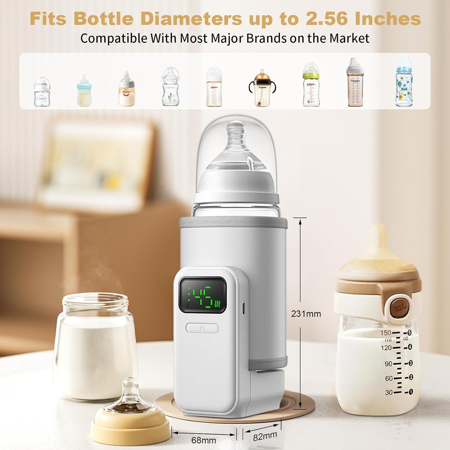 Portable Bottle Warmer - Travel-Easy,Fast Warming,6-Speed Temperature Control,Comfortsble Baby Feeding On-The-go,Battery-Powered Waterless Milk Warmer