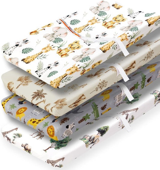 4 Pack Safari Jungle Animals Neutral Unisex Fitted Nursery Baby Sheets Set Toddler Mattress Sheets for Baby Boys or Girls (Changing Pad Cover)