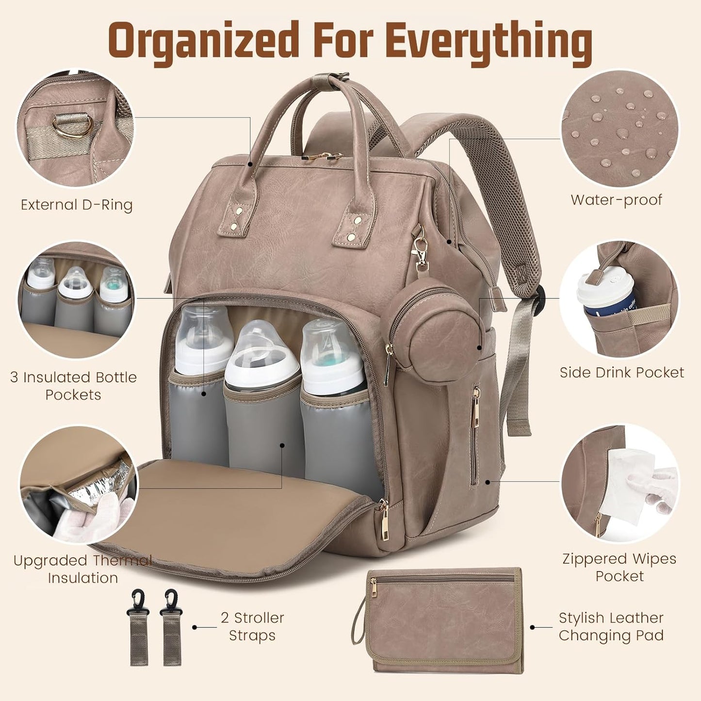 Premium Vegan Leather Diaper Bag Backpack with Waterproof Changing Pad – Reinforced Stitching & Zippers, Baby Bag for Boy Girl, Stroller Straps, Ergonomic Design for Traveling Moms, Taupe