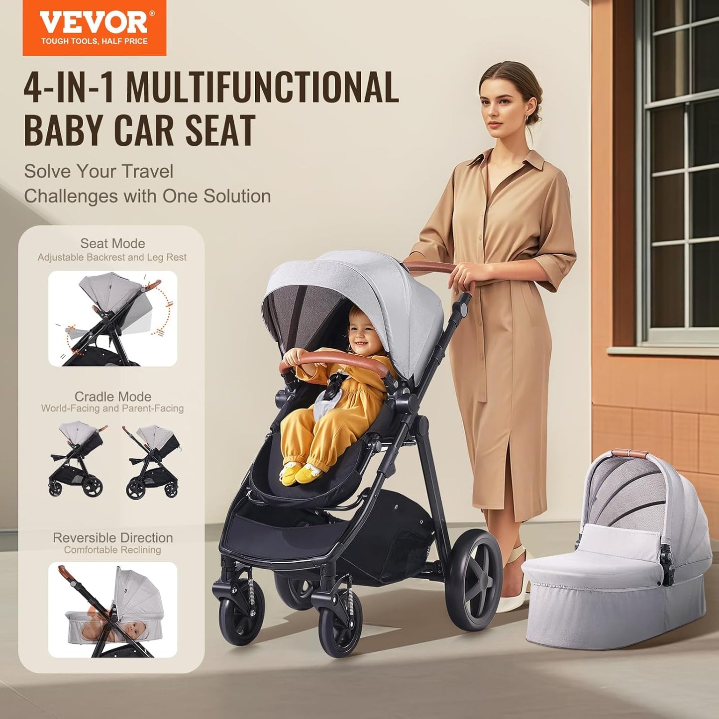 VEVOR 2-in-1 Baby Stroller with Infant Bassinet, Reversible Seat & Easy One-Button Fold, Aluminum Frame, EVA Tires with Brake, Lightweight Travel System Combo (Light Gray)