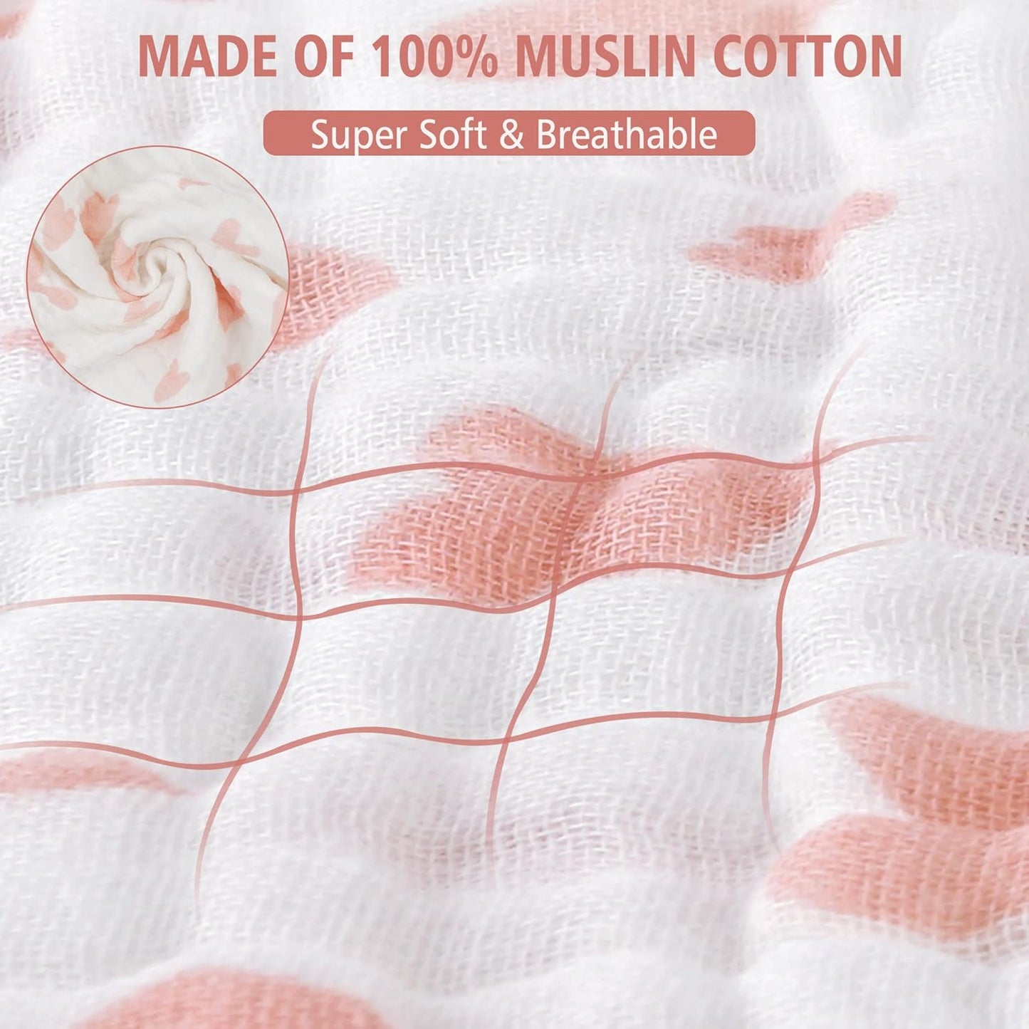 Viviland Baby Muslin Burp Cloths, 10 x 20 inches 6-Layer Baby Bath Towels, 100% Cotton Super Absorbent Washcloths for Baby Girl and Boy, Pink Heart & Star Pattern 4 Pack