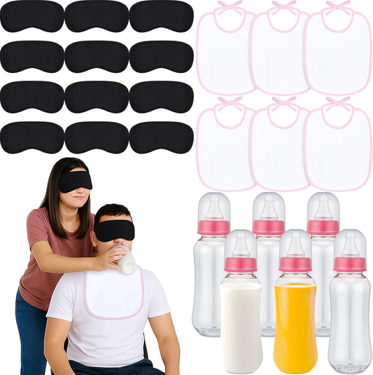 Leinuosen 24 Pcs Baby Shower Blindfold Feeding Game Set Include 6 Plastic Chug Bottles 6 Bib and 12 Eye Mask Blindfold Baby Feeding Bottle Chug Game for Adult Gender Reveal Party Supplies(Pink)
