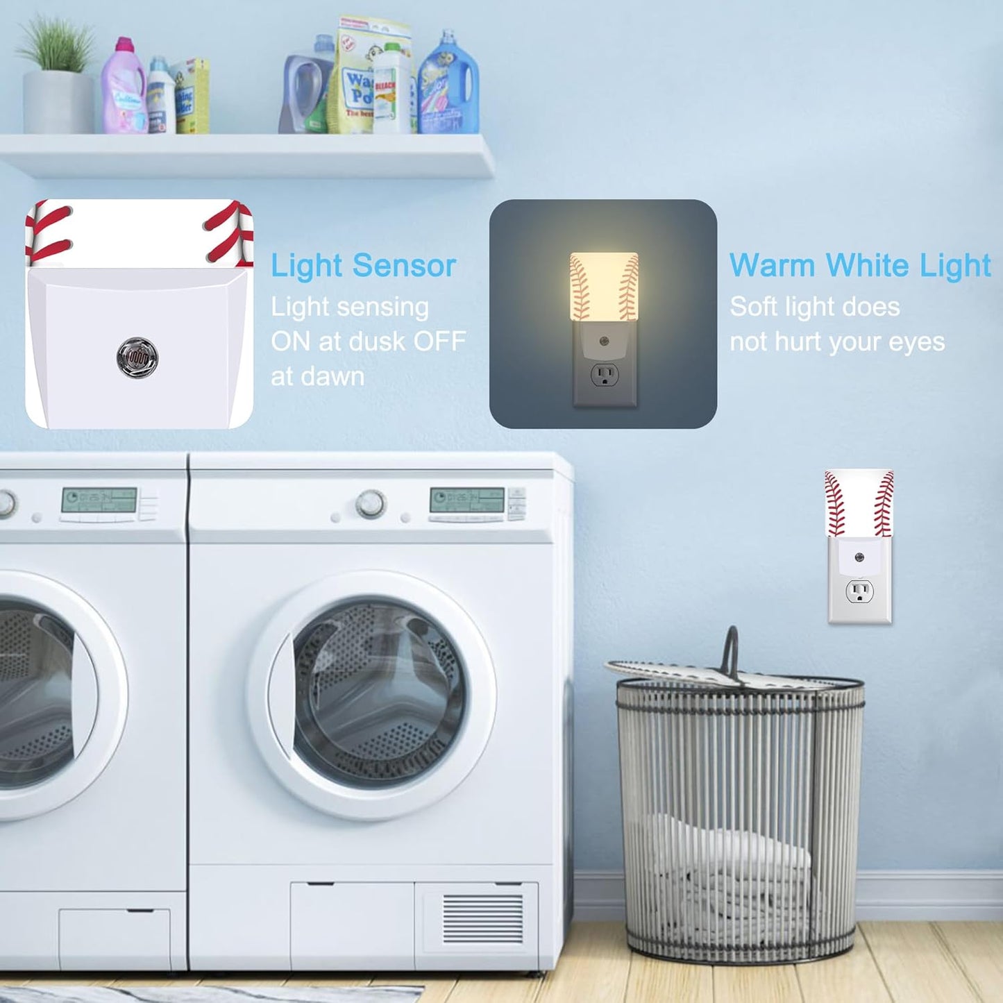 Baseball Plug in Night Light with Auto Dusk to Dawn Sensor,Warm Night Lights for Boys Girls Bedroom Bathroom Hallway Kids Room Gifts