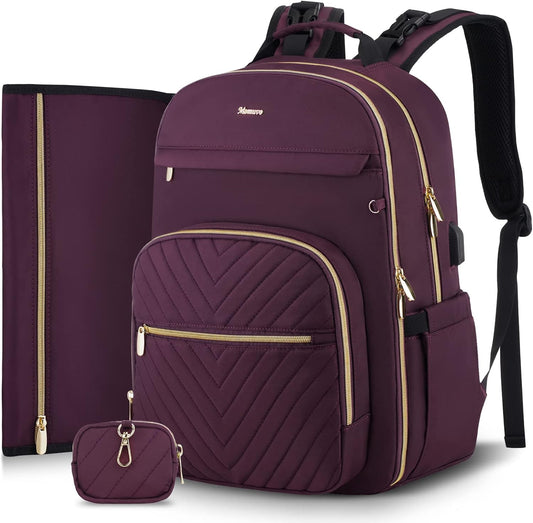 MOMUVO Diaper Bag Backpack, Quilted Baby Bag with Changing Pad & Stroller Straps & Pacifier Case, Large Travel Diaper Bags for Mom Dad