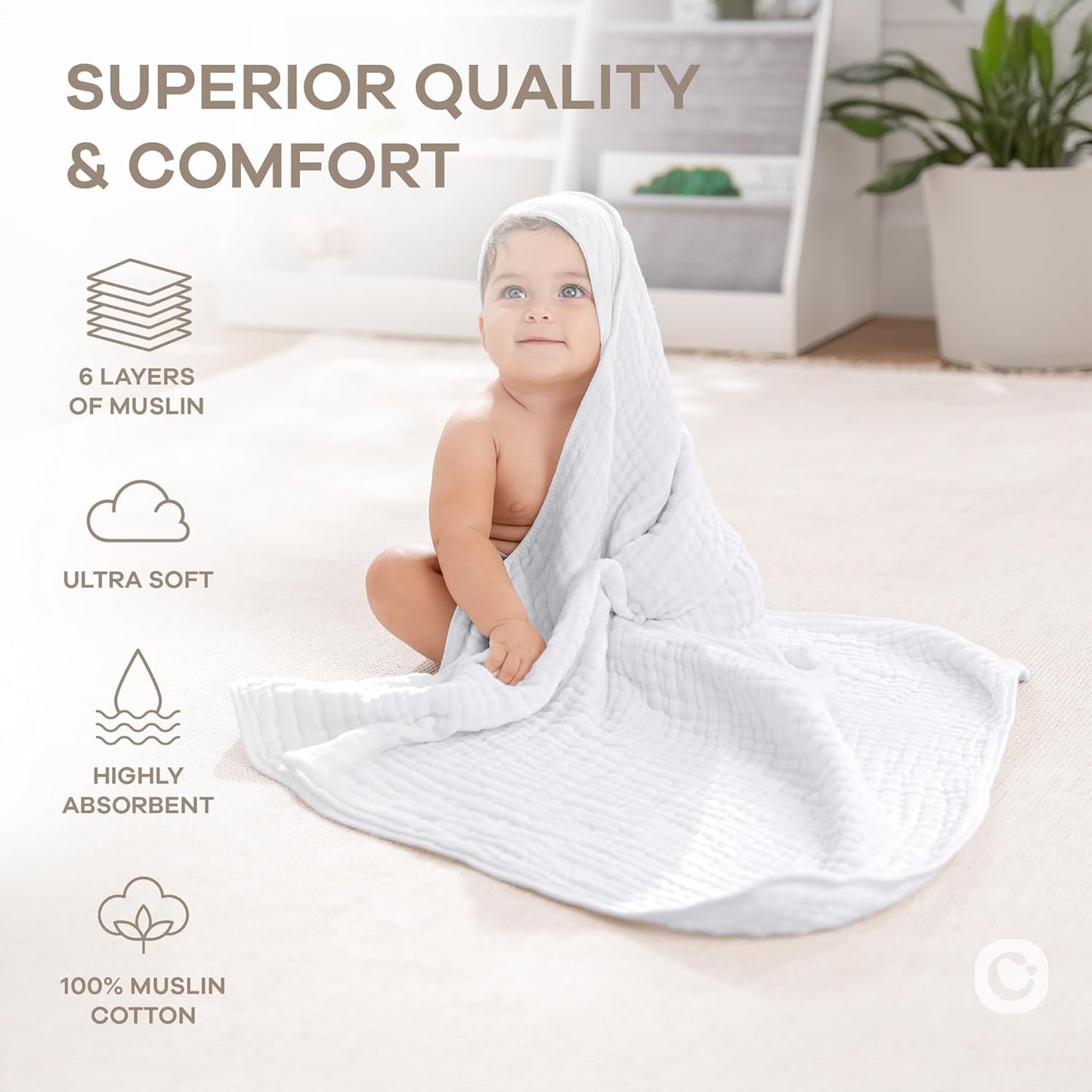 Comfy Cubs Hooded Baby Towel 2-Pack, Large 32 x 32 Inch - 6 Layer 100% Muslin Cotton for Babies, Toddlers and Kids - Soft & Absorbent Baby Bath Towels - Unisex Design for Bath Time - White