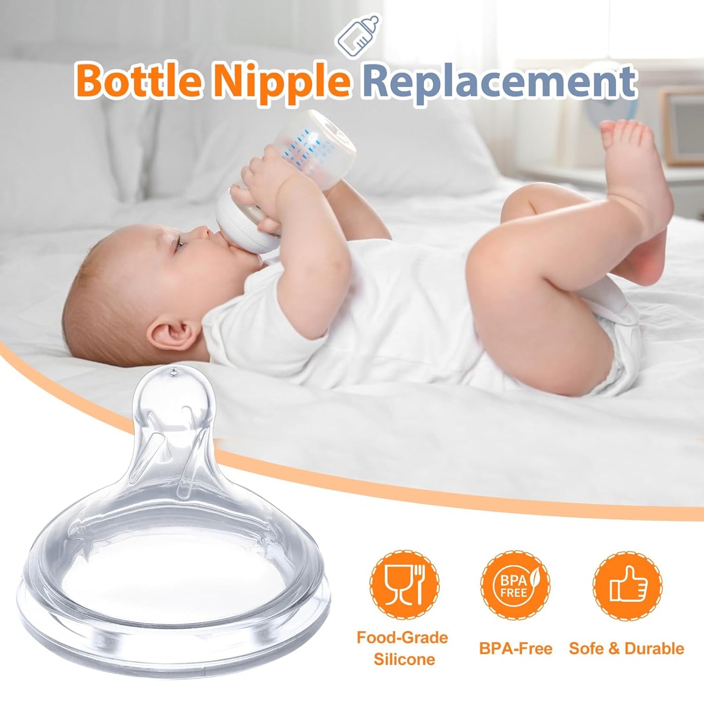 6 Pack Replacement Nipples Compatible with Dr Brown Wide Bottle, Silicone Nipples for Bottle, BPA-Free, Durable and Soft Nipple (S, Slow Flow)